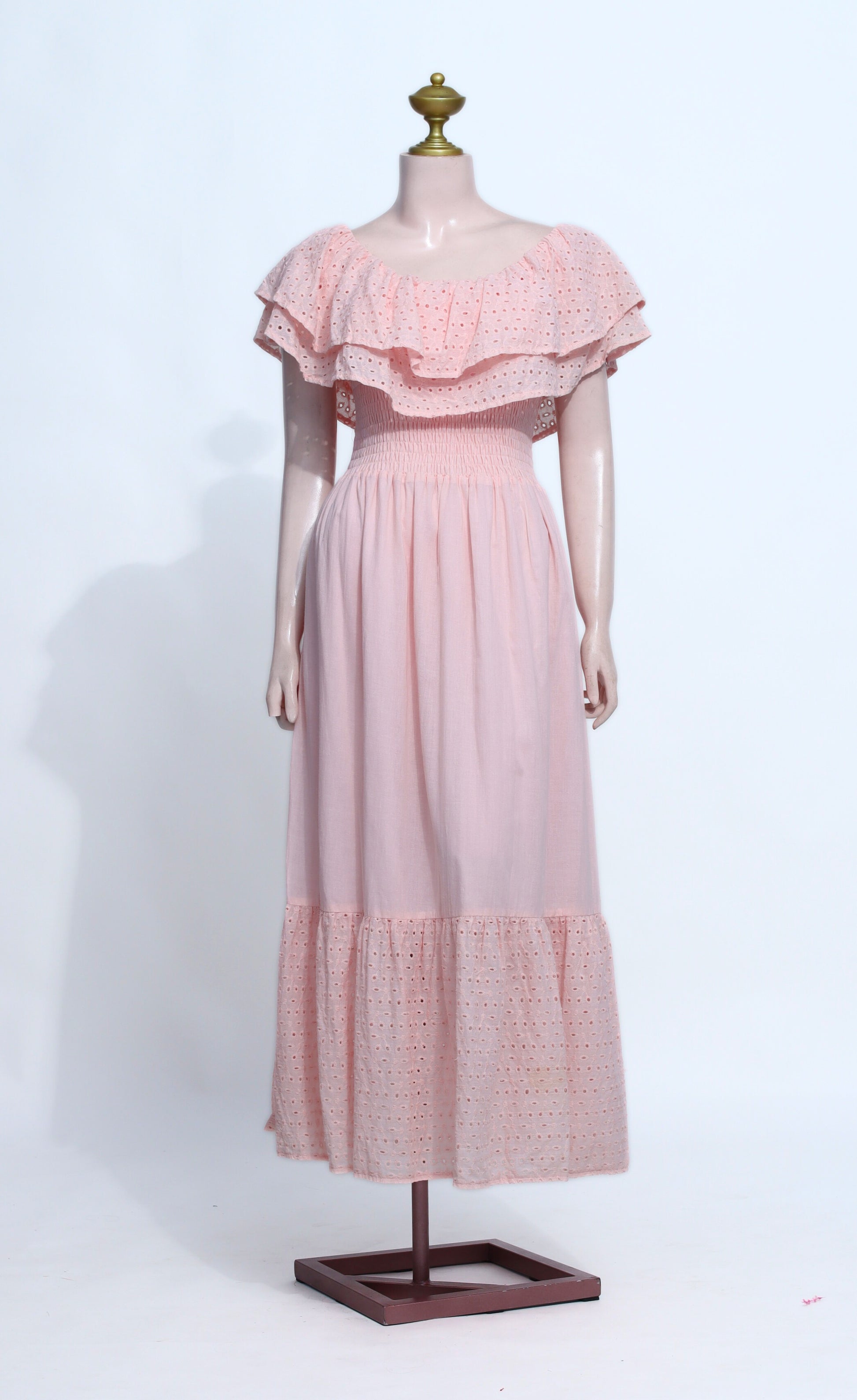 Peach Eyelet Off-Shoulder Maxi Dress | Ruffle Smocked Bodice Cotton Gown - SP14