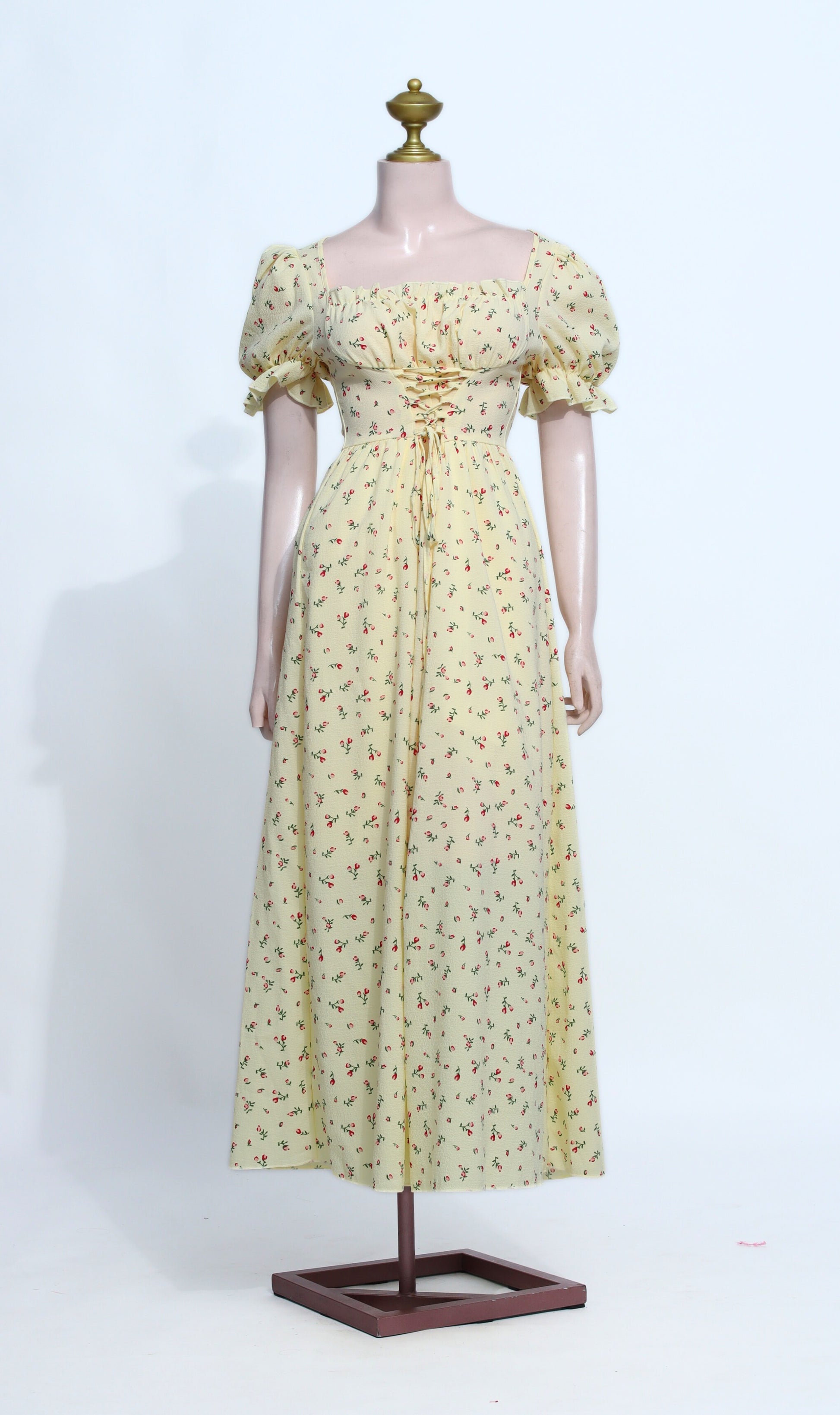 Floral Print Puff Sleeve Maxi Dress | Cottagecore Corset Waist & Square Neck - SY03
