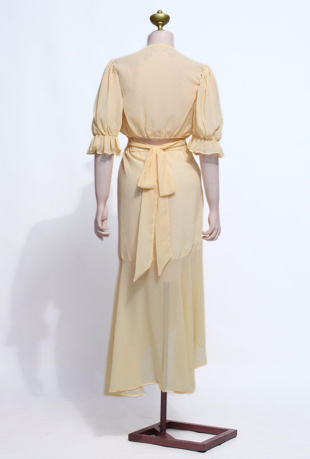 Light Yellow Polka Dot Chiffon Dress | Ruffle Sleeve Ruched Asymmetrical Hem Midi - Y04