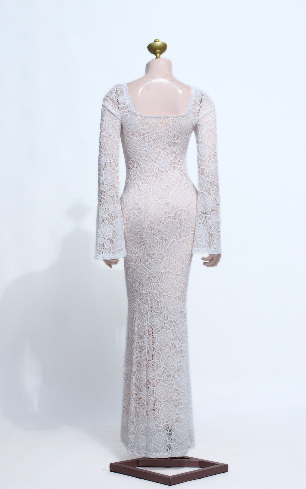 White Floral Lace Maxi Dress | Square Neck Long Bell Sleeve Mermaid Gown - SW19