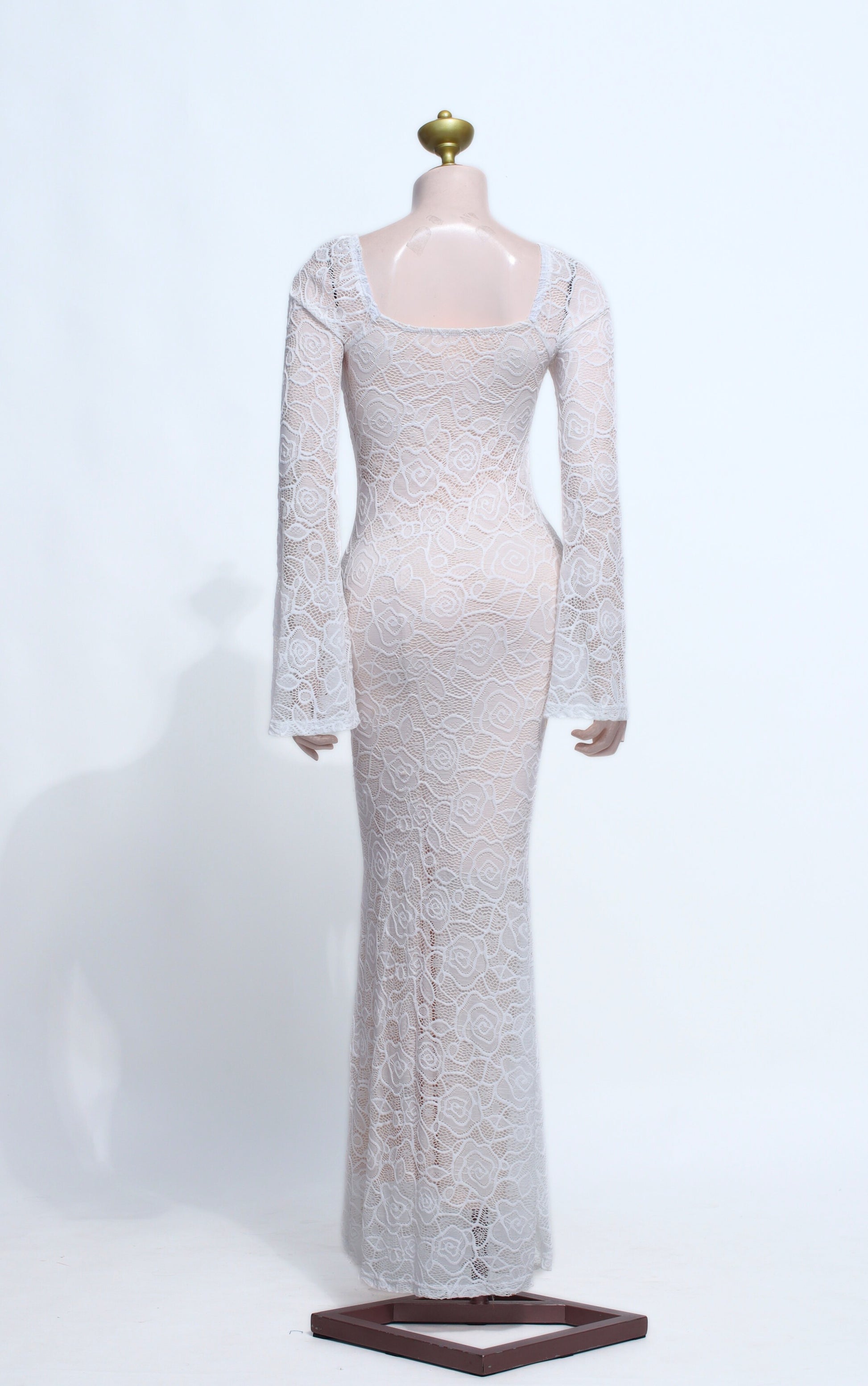 White Floral Lace Maxi Dress | Square Neck Long Bell Sleeve Mermaid Gown - SW19