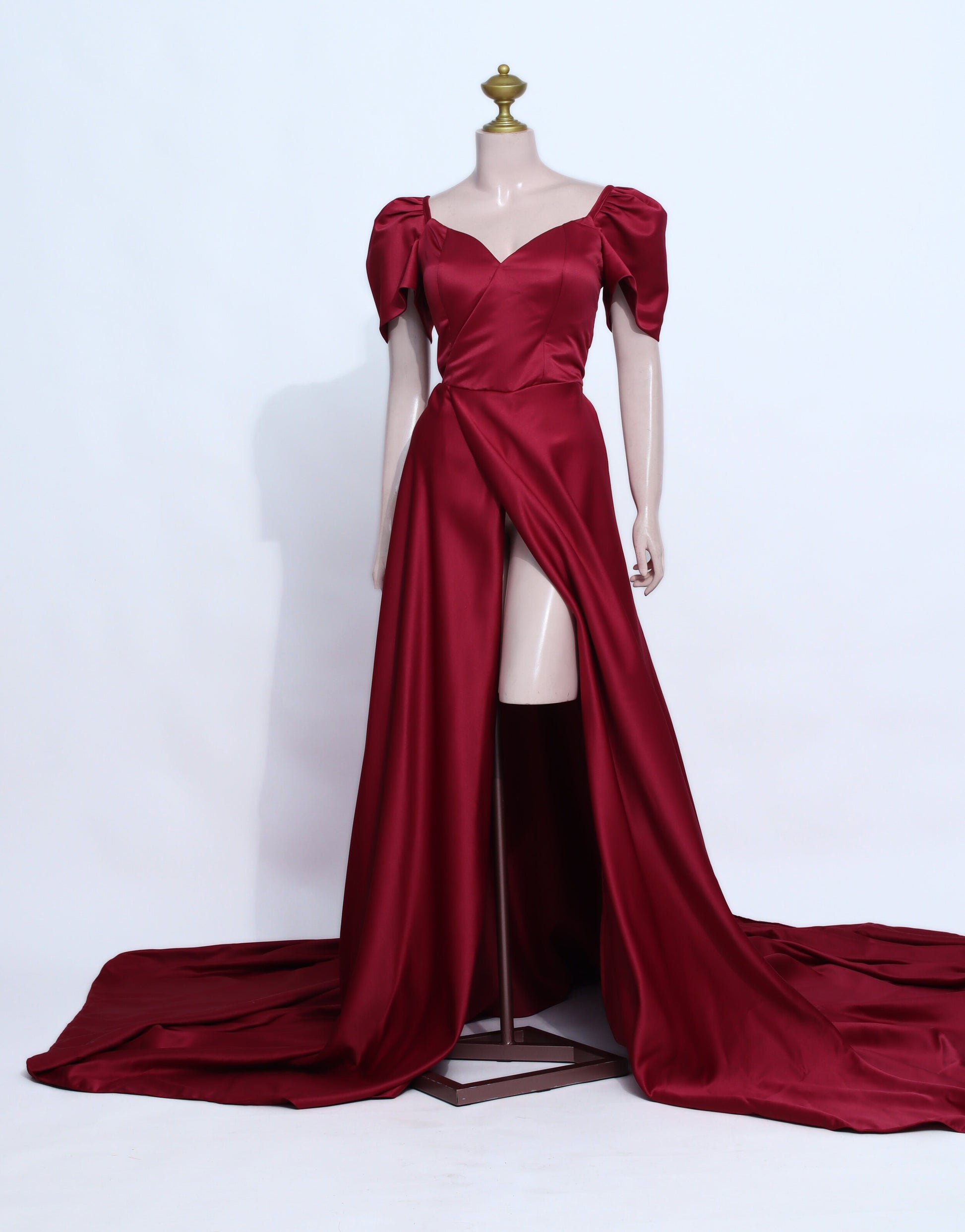 Luxury Burgundy Satin Ball Gown with Train | Padded Corset Back Prom Dress - M14