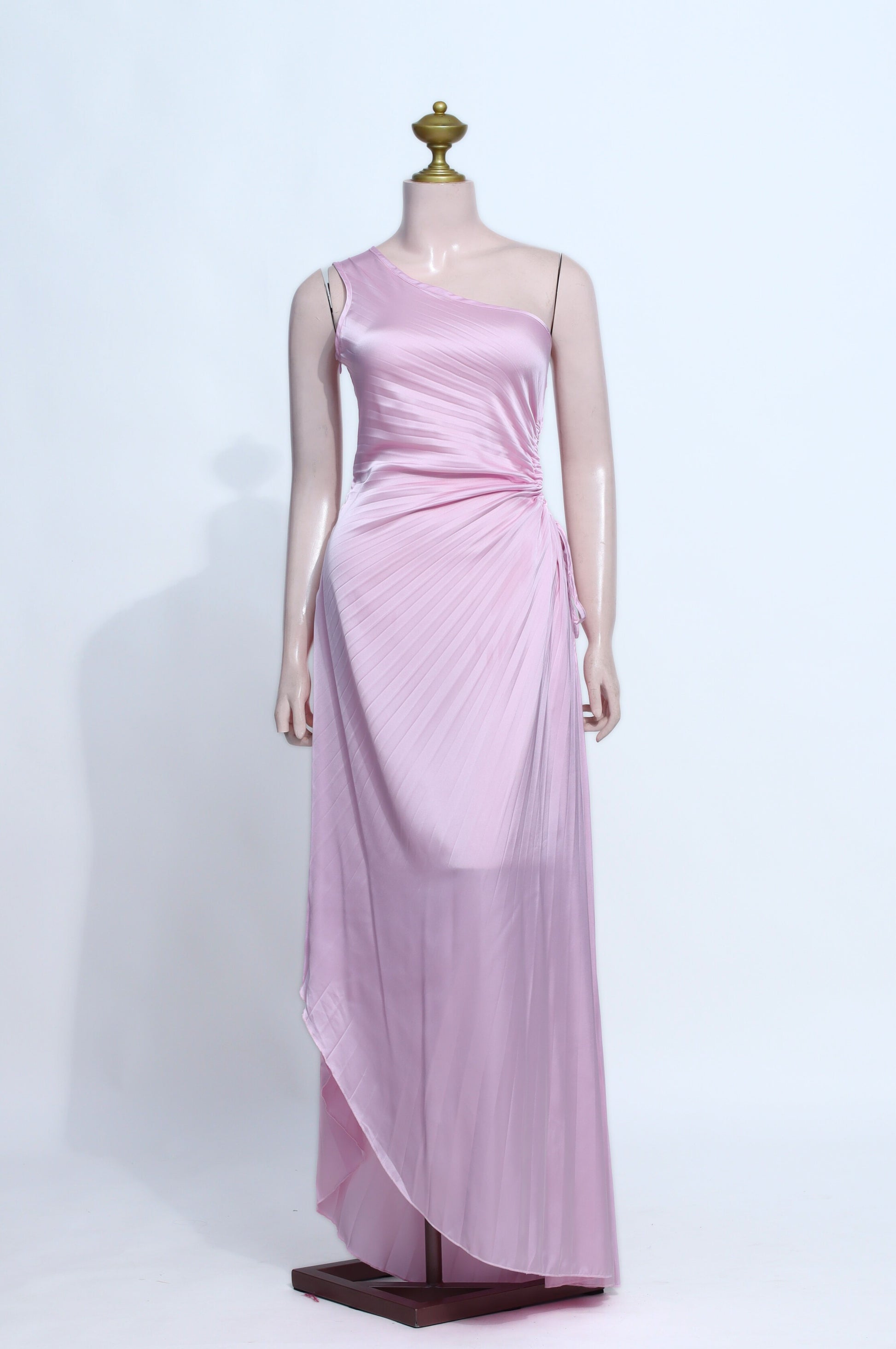 Mauve Pink Satin One-Shoulder Drape Maxi Dress - P05