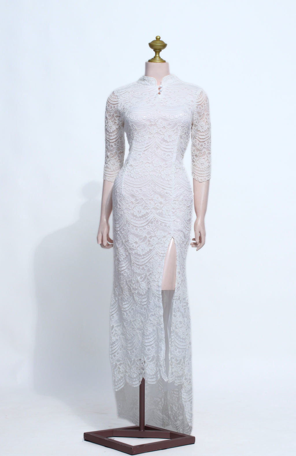 White Bodycon Mermaid Lace Gown | Fitted Long Sleeve Tie Bust Zipper Back - SW20