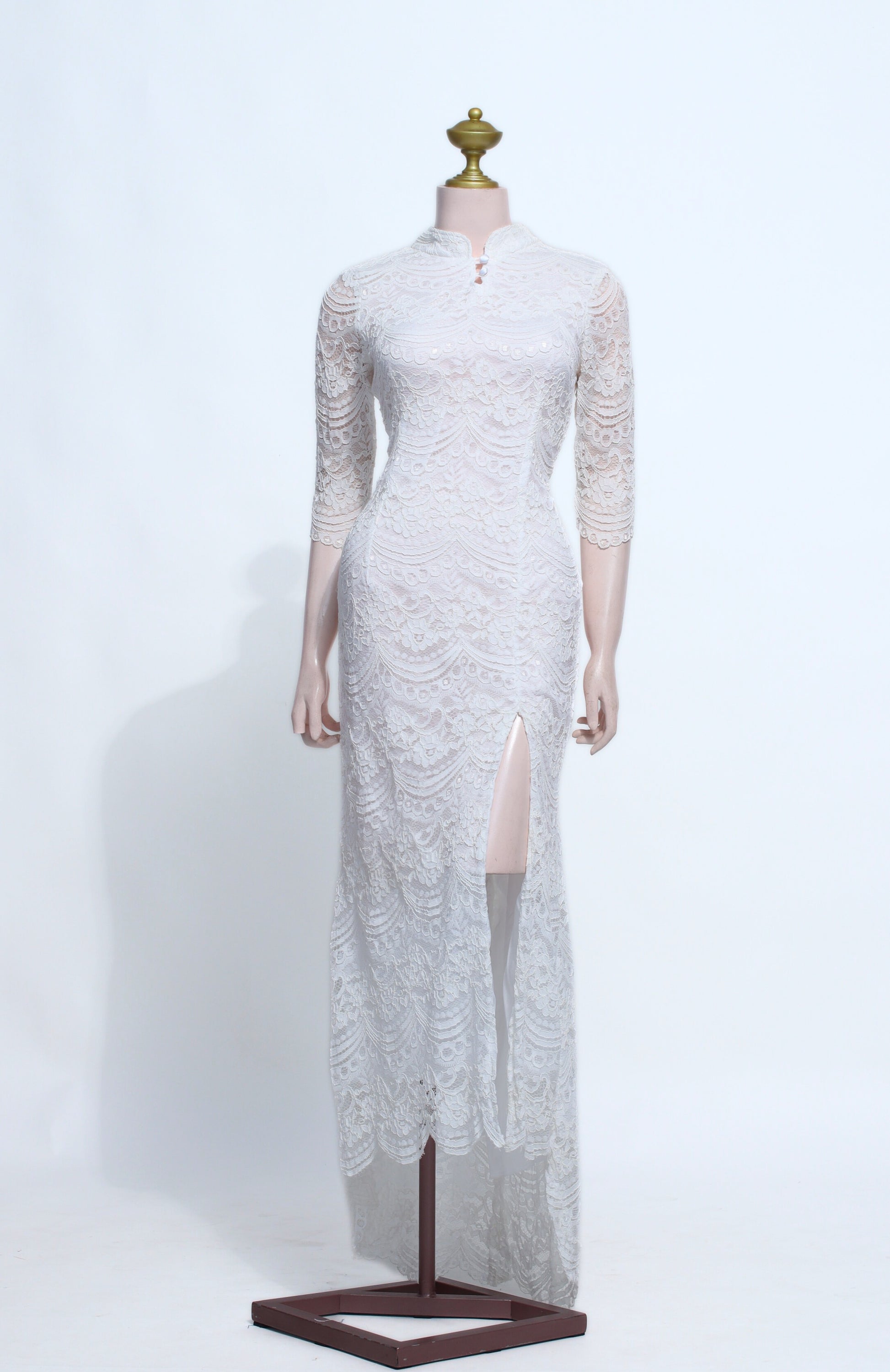 White Bodycon Mermaid Lace Gown | Fitted Long Sleeve Tie Bust Zipper Back - SW20