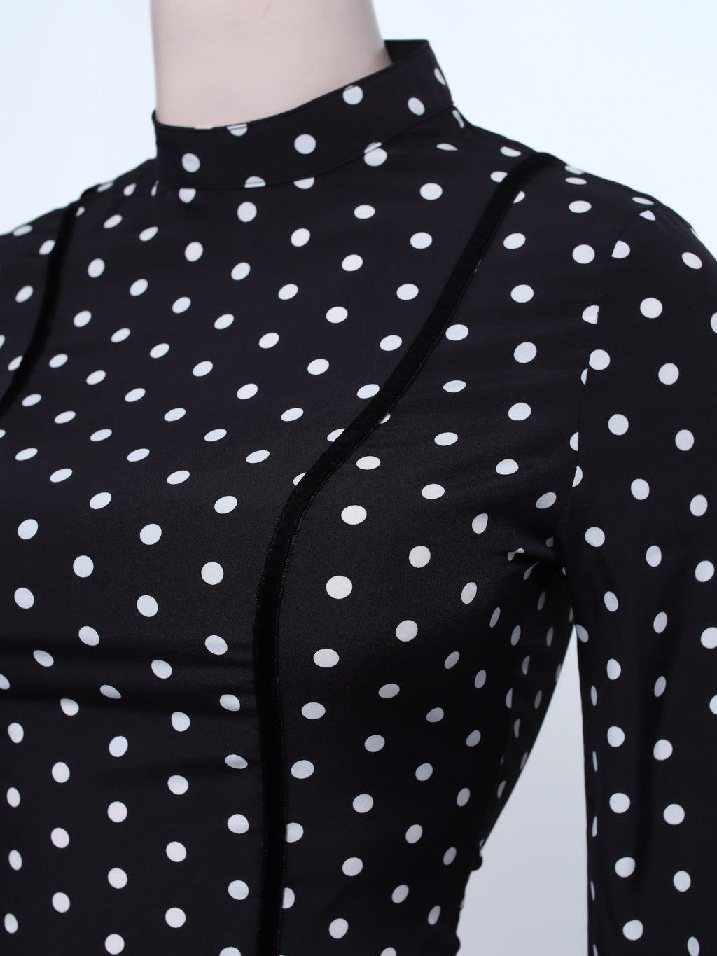 Black Polka Dot Long Sleeve Short Dress with Zipper Back – Elegant High Neck A-Line Dress - SB06
