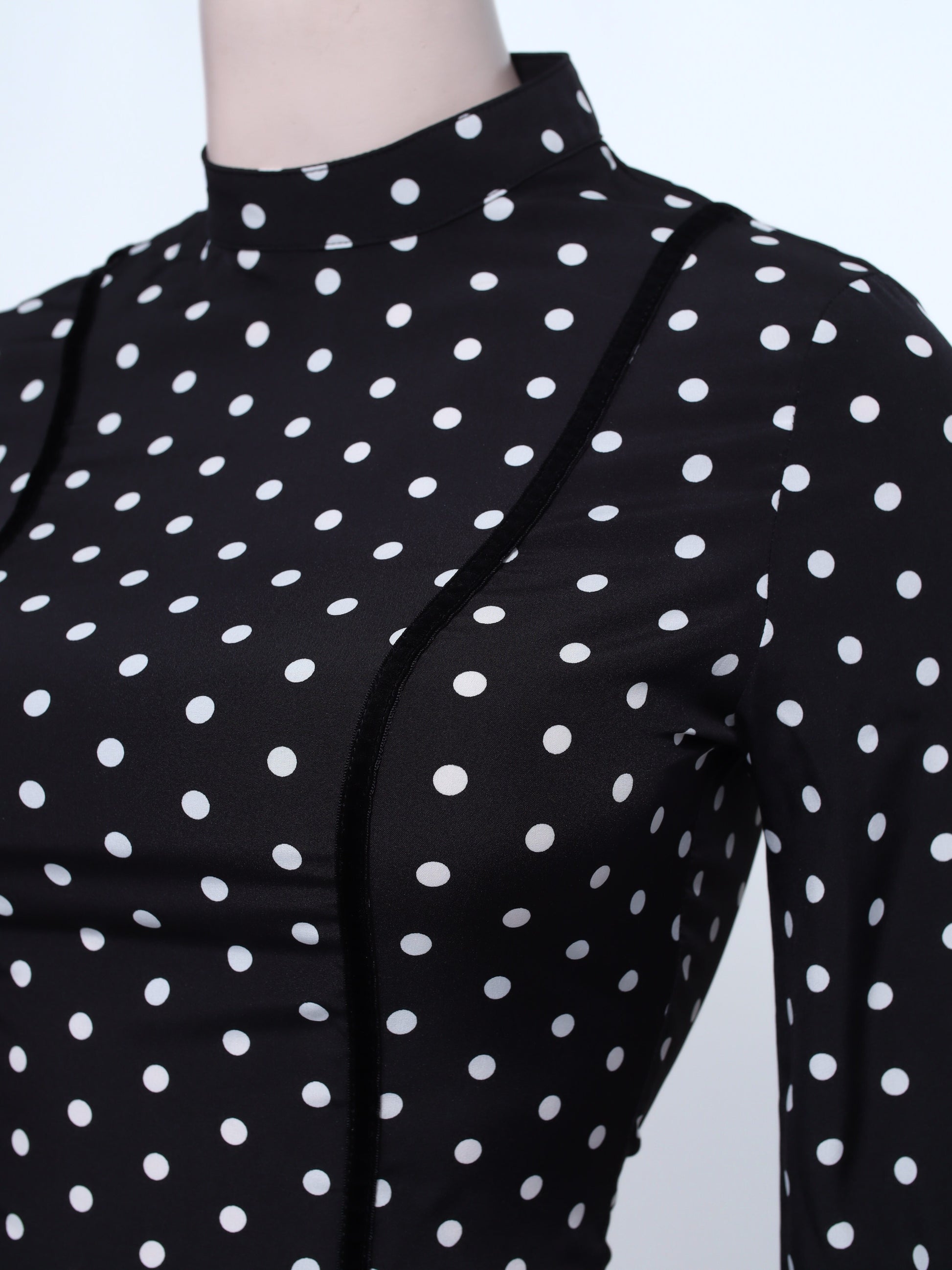 Black Polka Dot Long Sleeve Short Dress with Zipper Back – Elegant High Neck A-Line Dress - SB06
