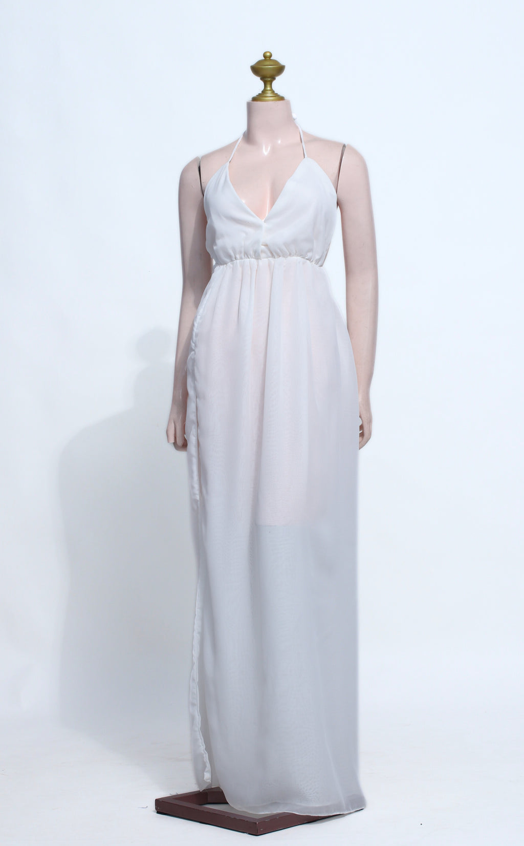White Chiffon Halter Maxi Dress | Backless Beach Slit Summer Gown - SW17