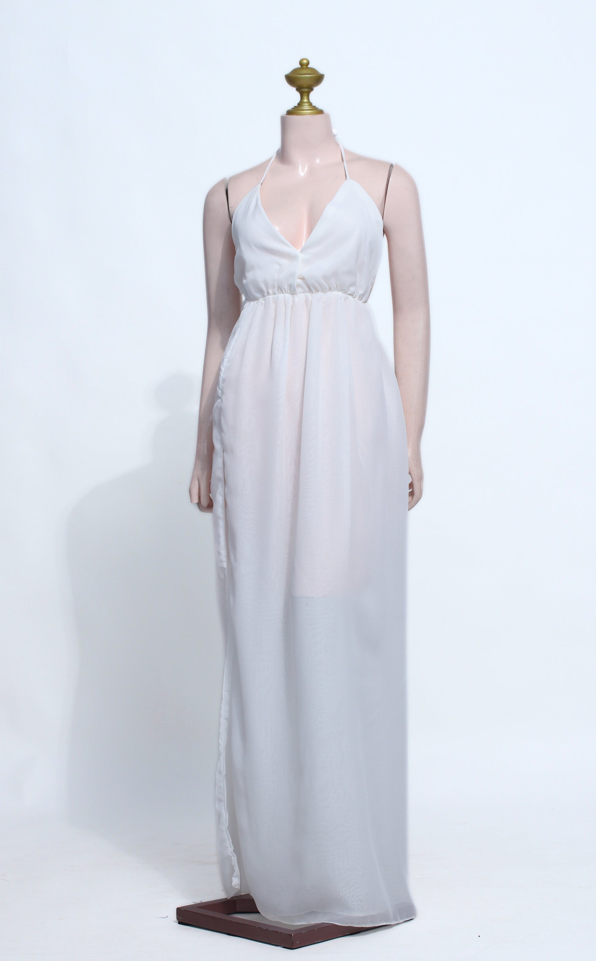 White Chiffon Halter Maxi Dress | Backless Beach Slit Summer Gown - SW17