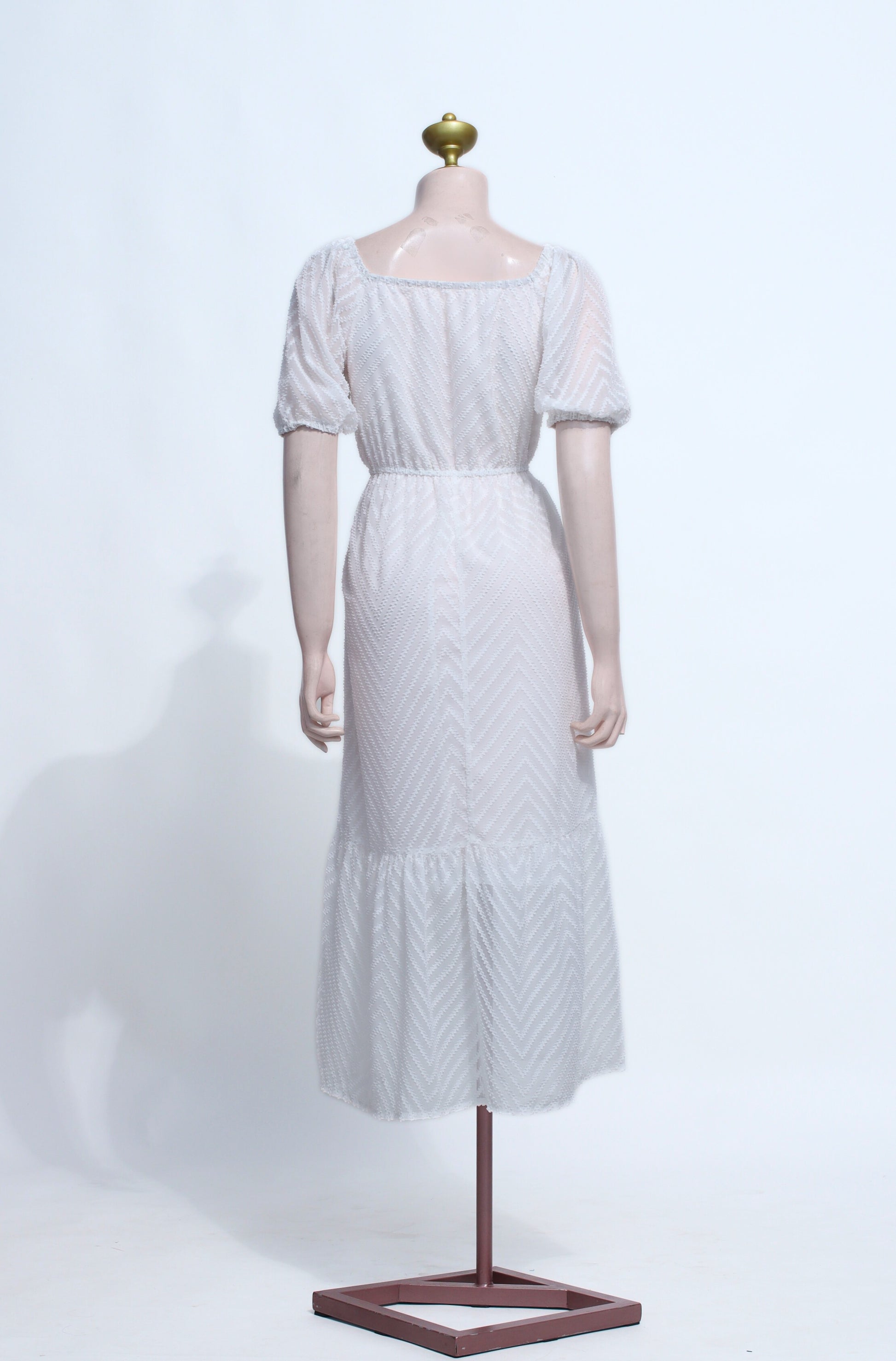 White Dobby Dot Cotton Maxi Dress | Garterized Waist Puff Sleeve Sundress - SW16