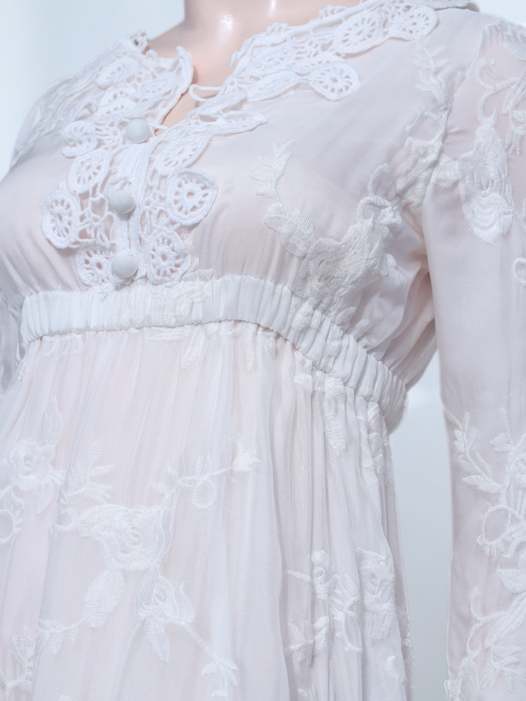 White Flowy Chiffon Midi Dress | Long Sleeve V-Neck Embroidered Lace - W30