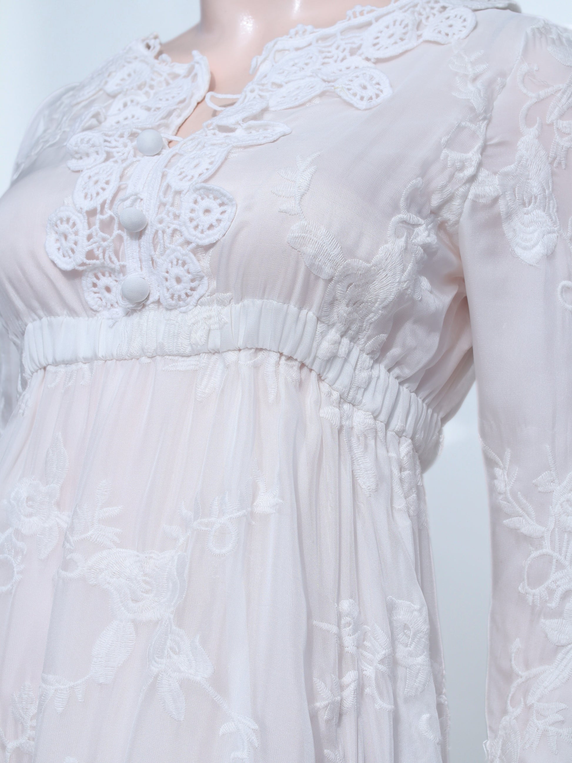 White Flowy Chiffon Midi Dress | Long Sleeve V-Neck Embroidered Lace - W30