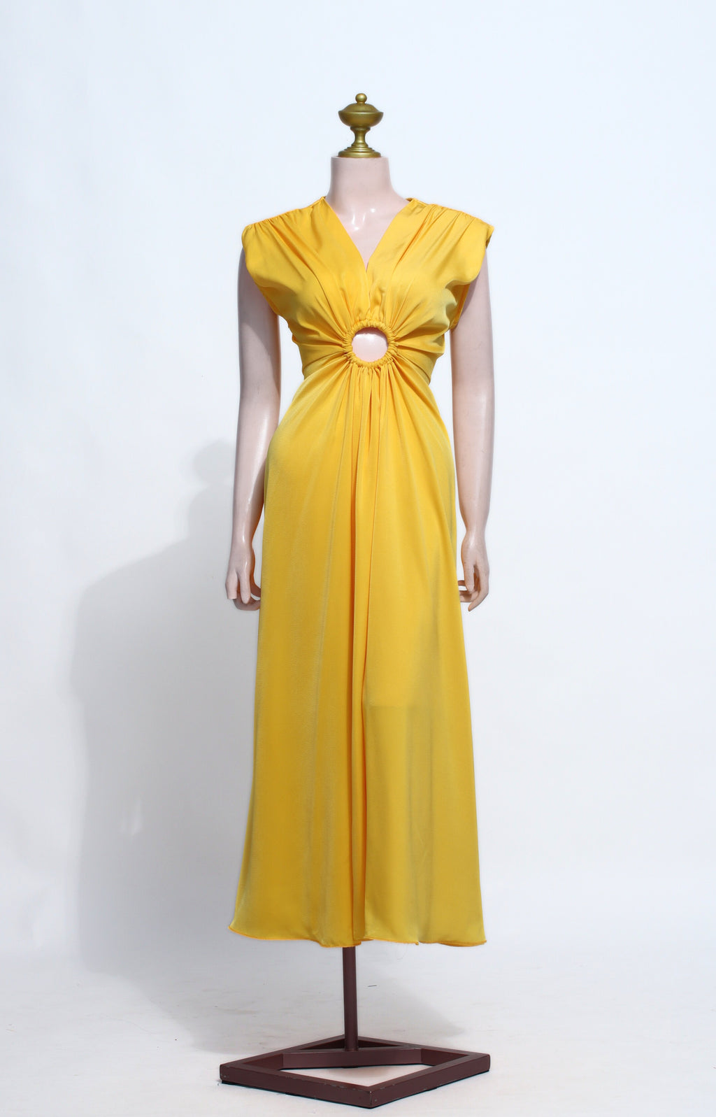 Mustard Yellow Cut-Out Maxi Dress | V-Neck Ring Detail Cap Sleeve Gown - Y05
