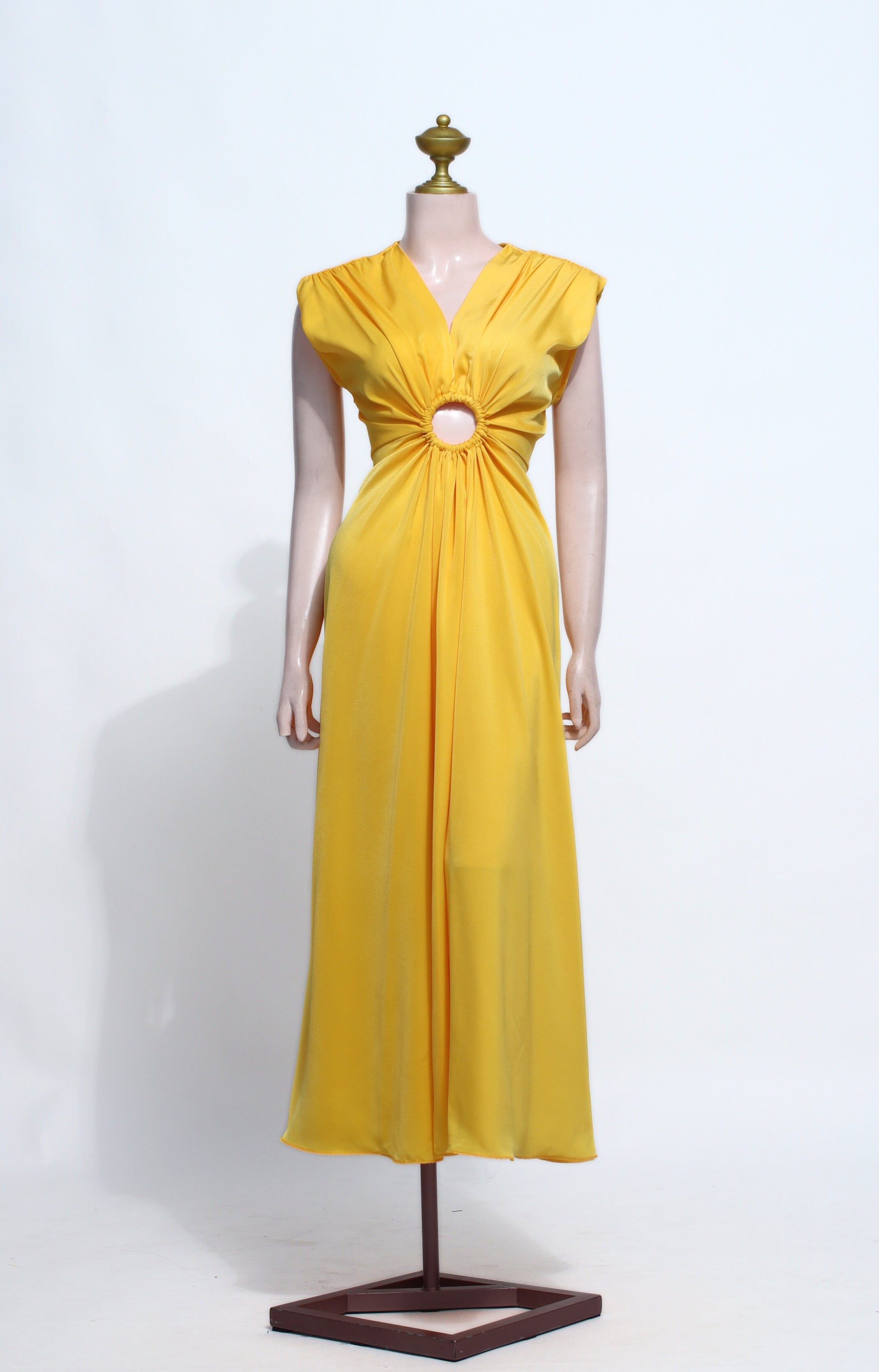 Mustard Yellow Cut-Out Maxi Dress | V-Neck Ring Detail Cap Sleeve Gown - Y05