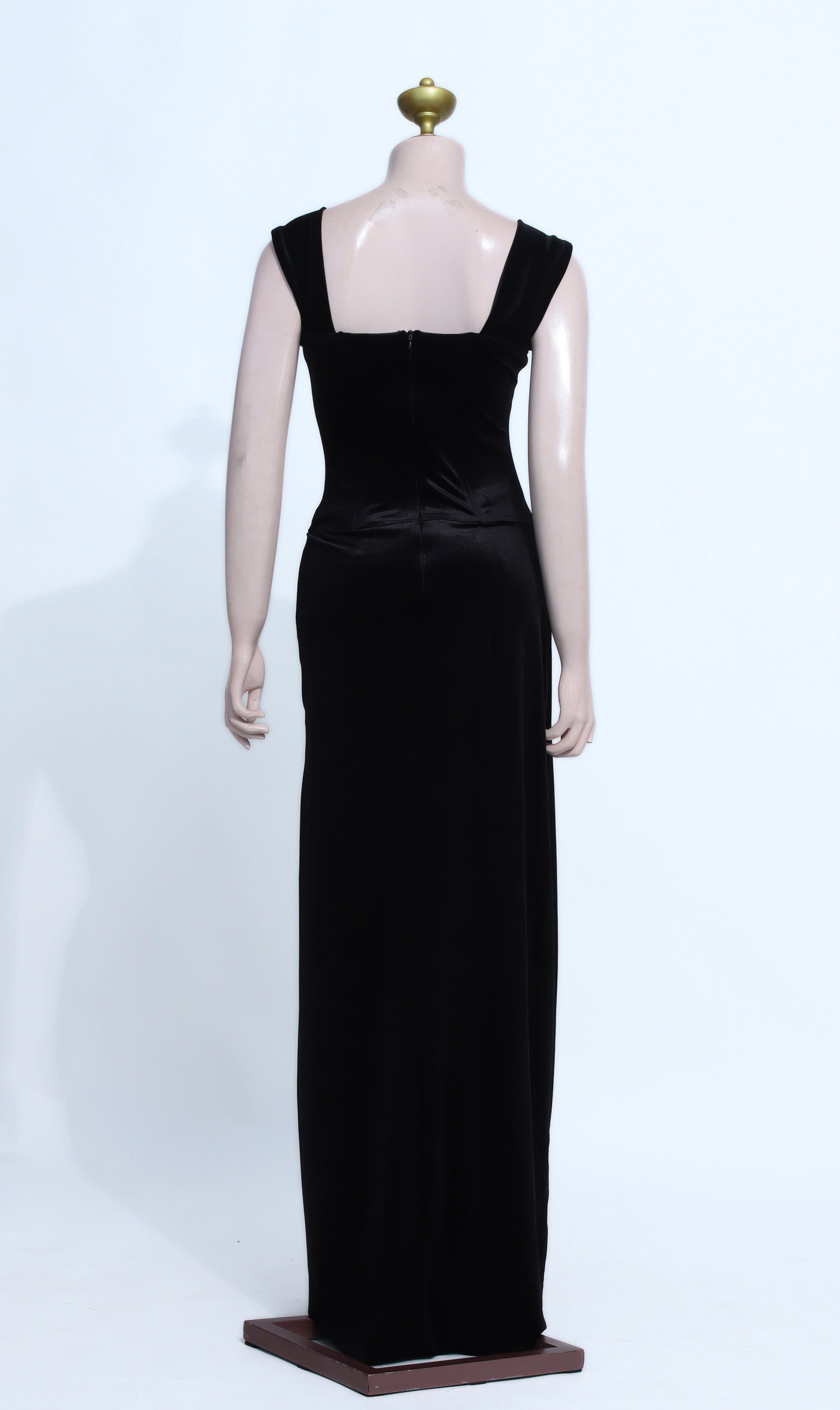 Padded Black Velvet Formal Gown | Square Neck Maxi Dress with Wide Straps - B27