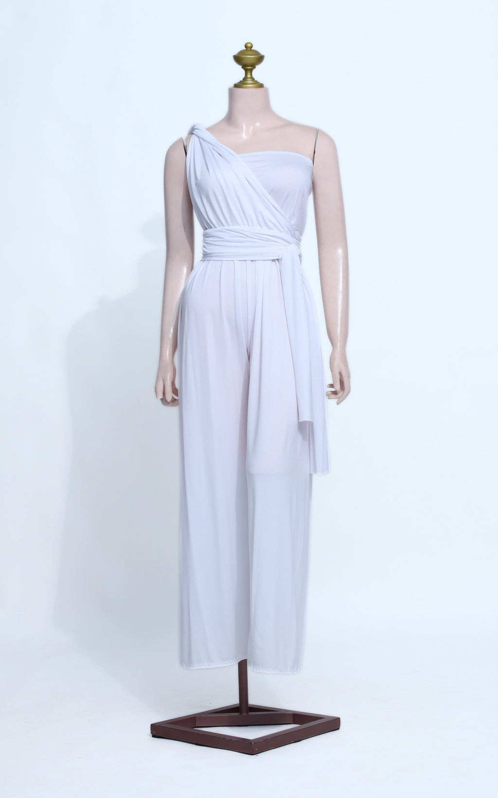 Comfort Stretch Cotton Spandex Multi-Wrap Jumpsuit | One-Shoulder Wide Leg - W31