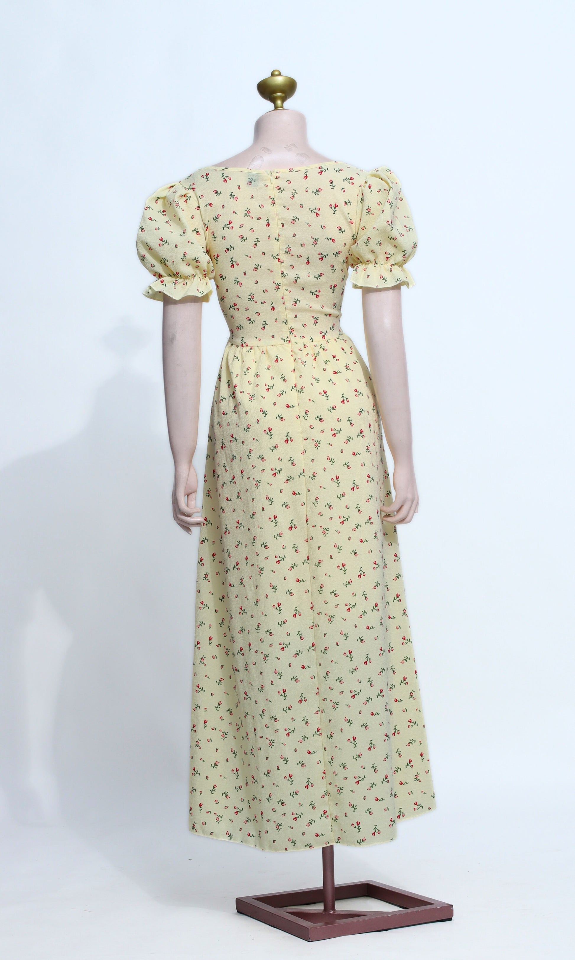 Floral Print Puff Sleeve Maxi Dress | Cottagecore Corset Waist & Square Neck - SY03