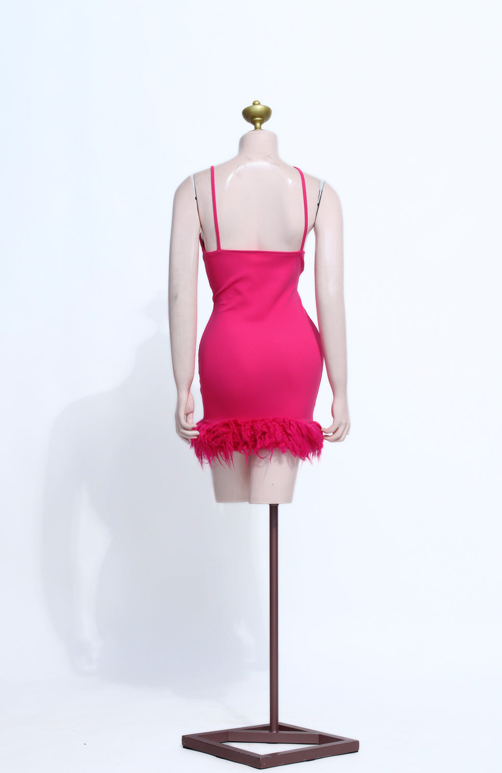 Fuchsia Asymmetric Strap Bodycon Short Dress with Feather Hem - SF05