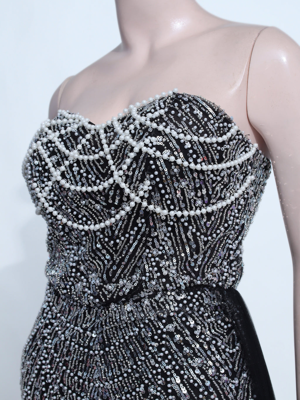 Beaded Black Tulle Slit Gown - B26
