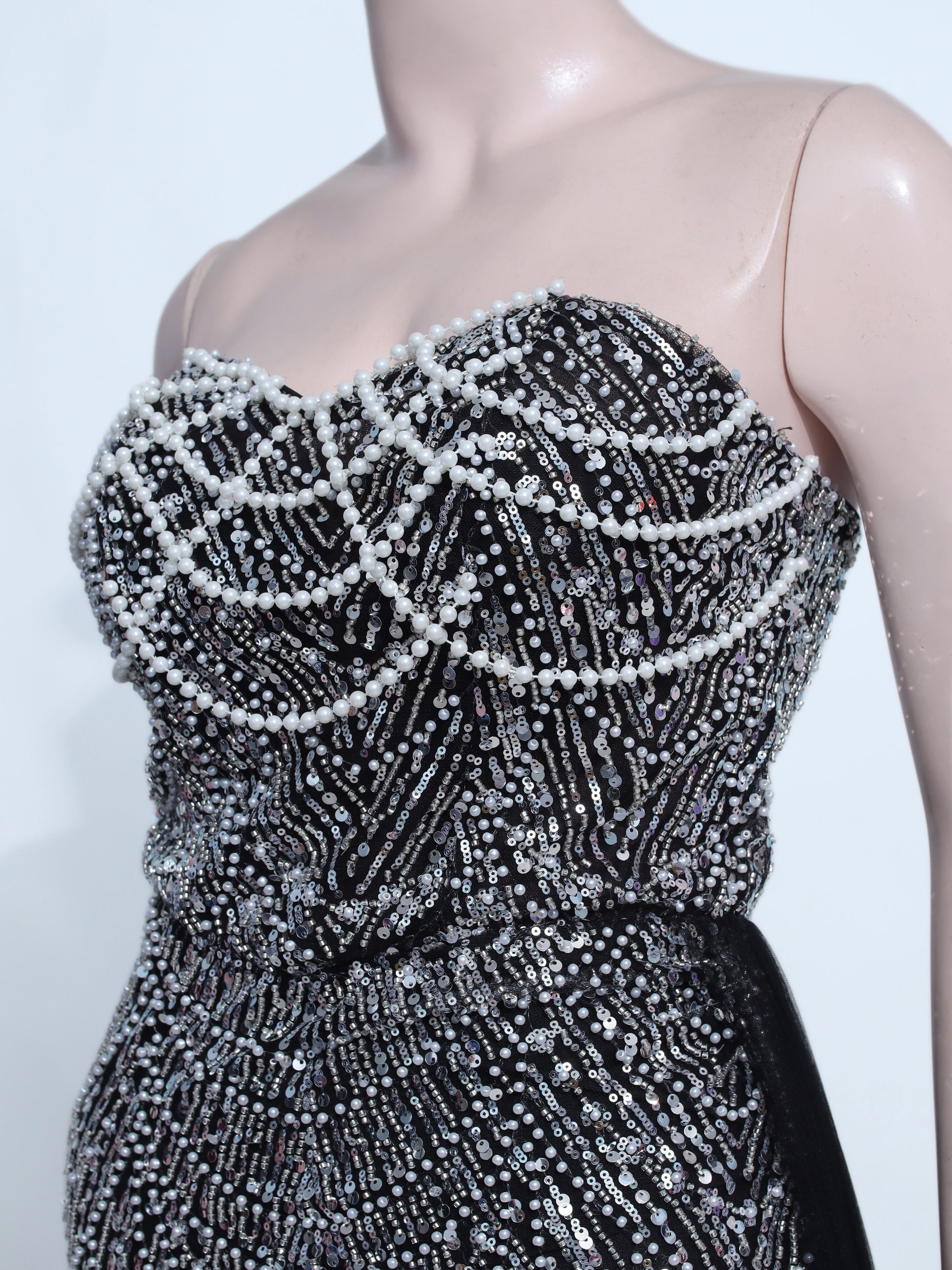 Beaded Black Tulle Slit Gown - B26