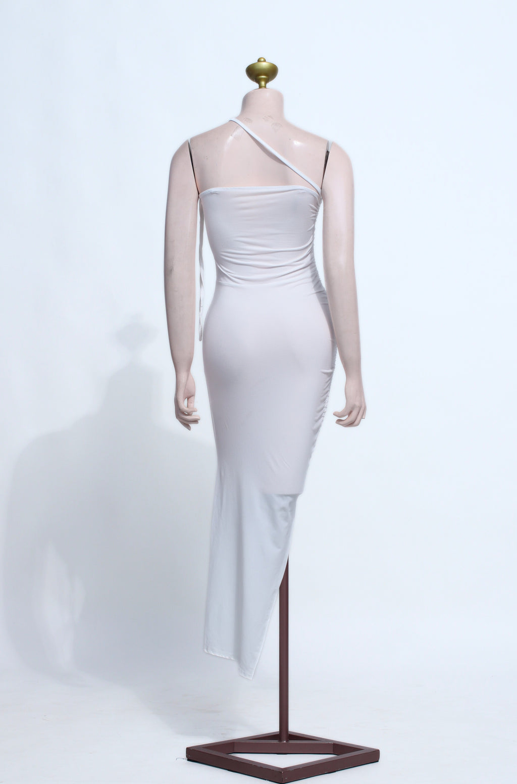 Cotton Spandex Asymmetrical Midi Dress | White Ruched Bodycon Slit Dress - SW18