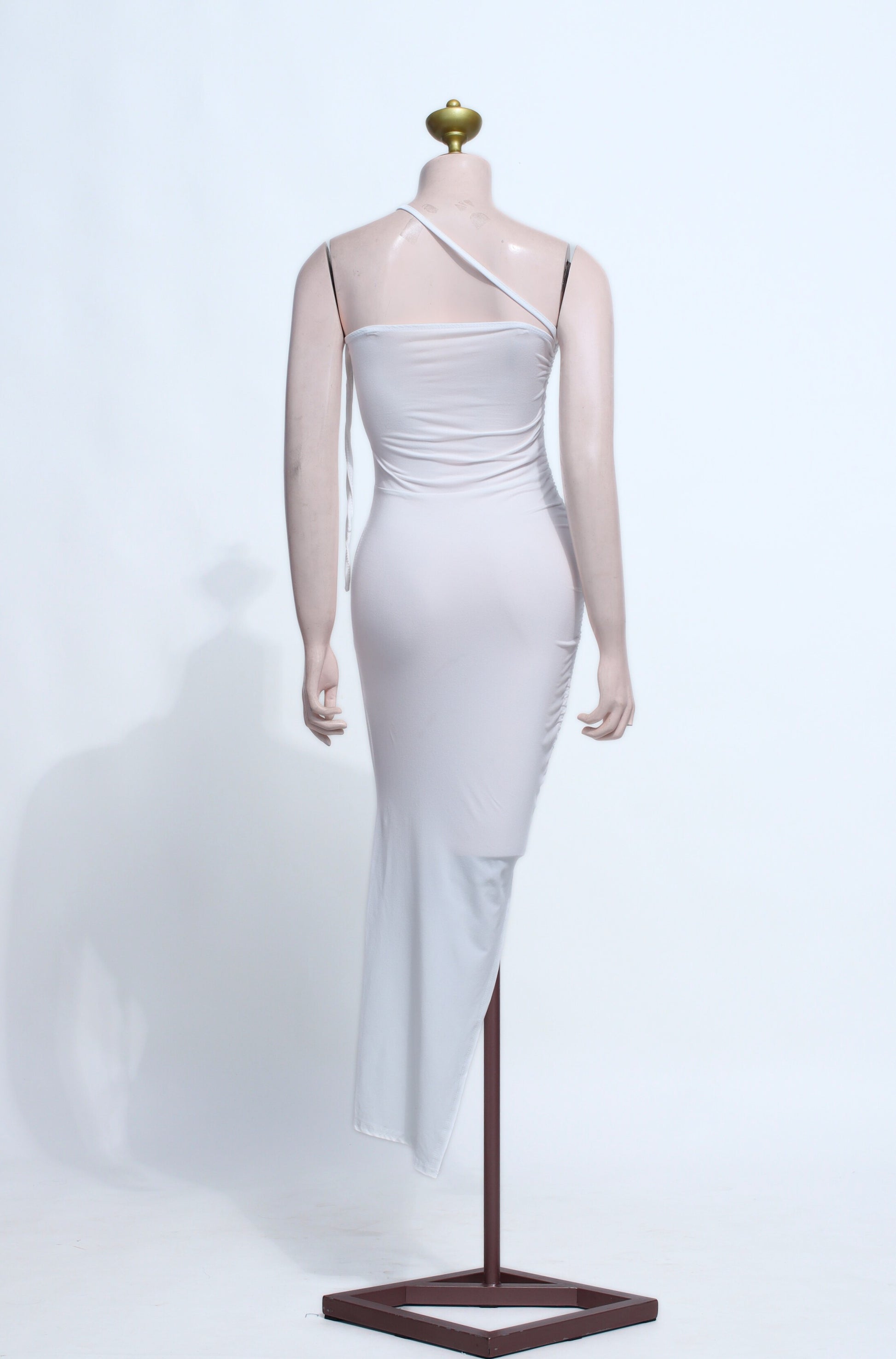 Cotton Spandex Asymmetrical Midi Dress | White Ruched Bodycon Slit Dress - SW18