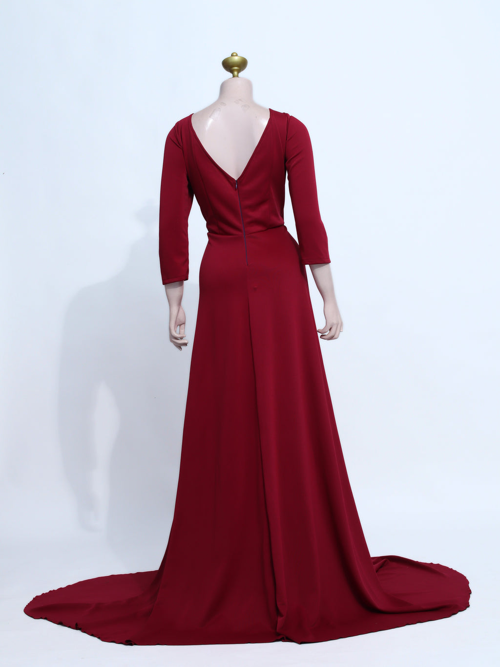 High Slit Evening Dress | Long Gown with Train and 3/4 Sleeves - M13