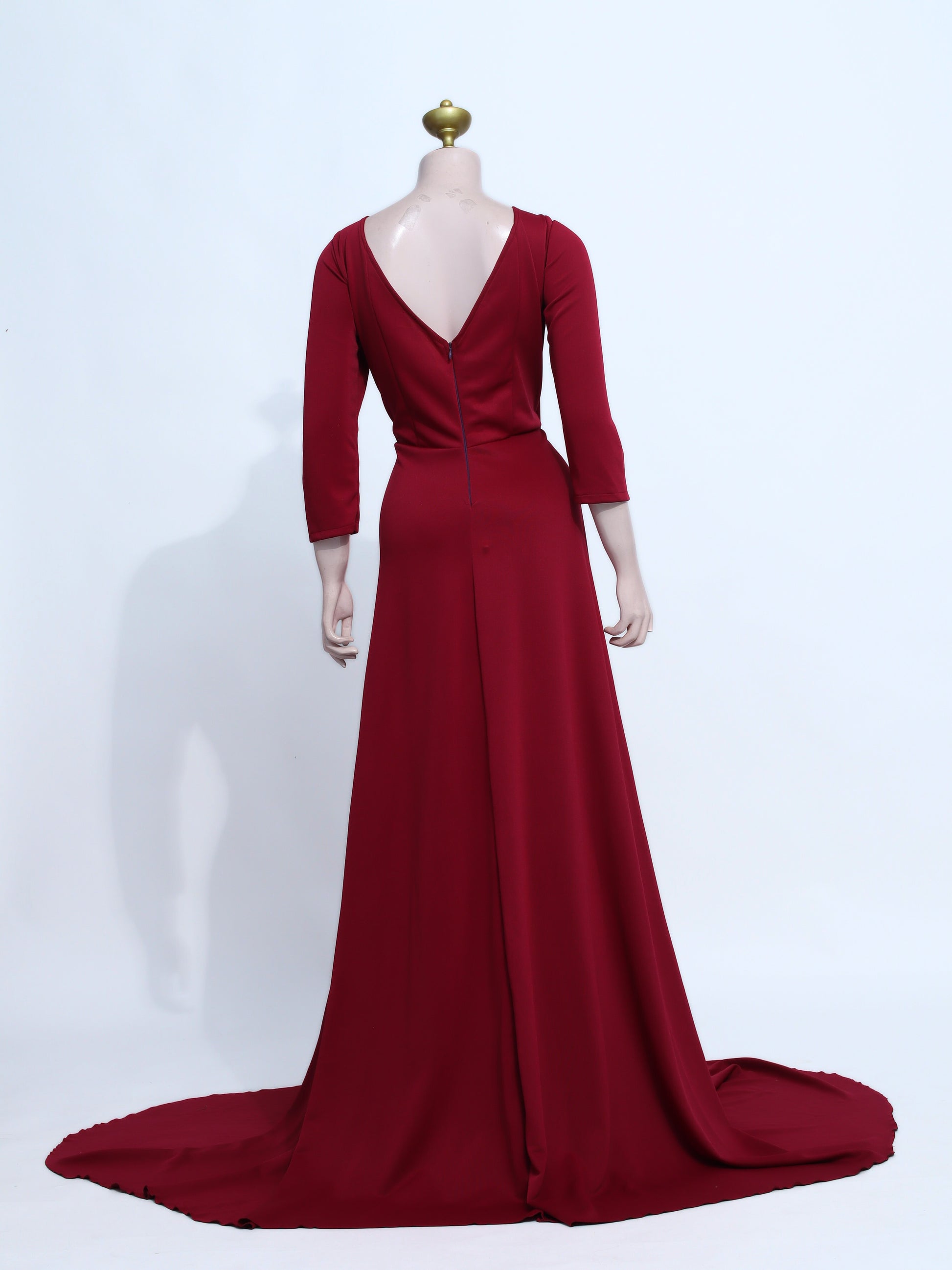 High Slit Evening Dress | Long Gown with Train and 3/4 Sleeves - M13