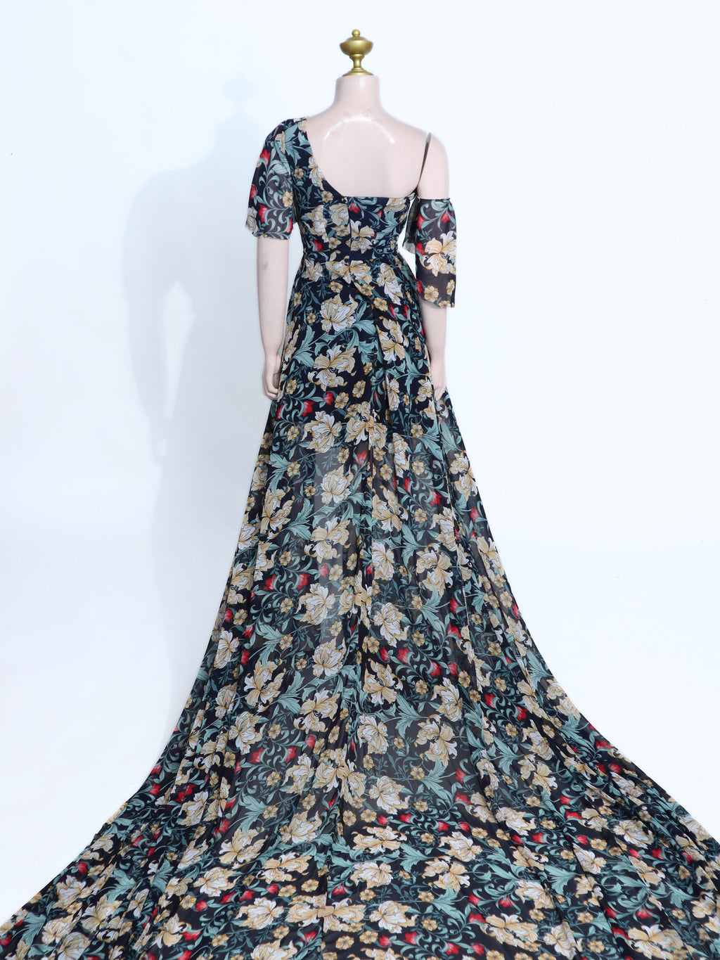 Bohemian Chiffon Print Slit Maxi Dress | Off-Shoulder One-Sleeve Zipper Back - X02