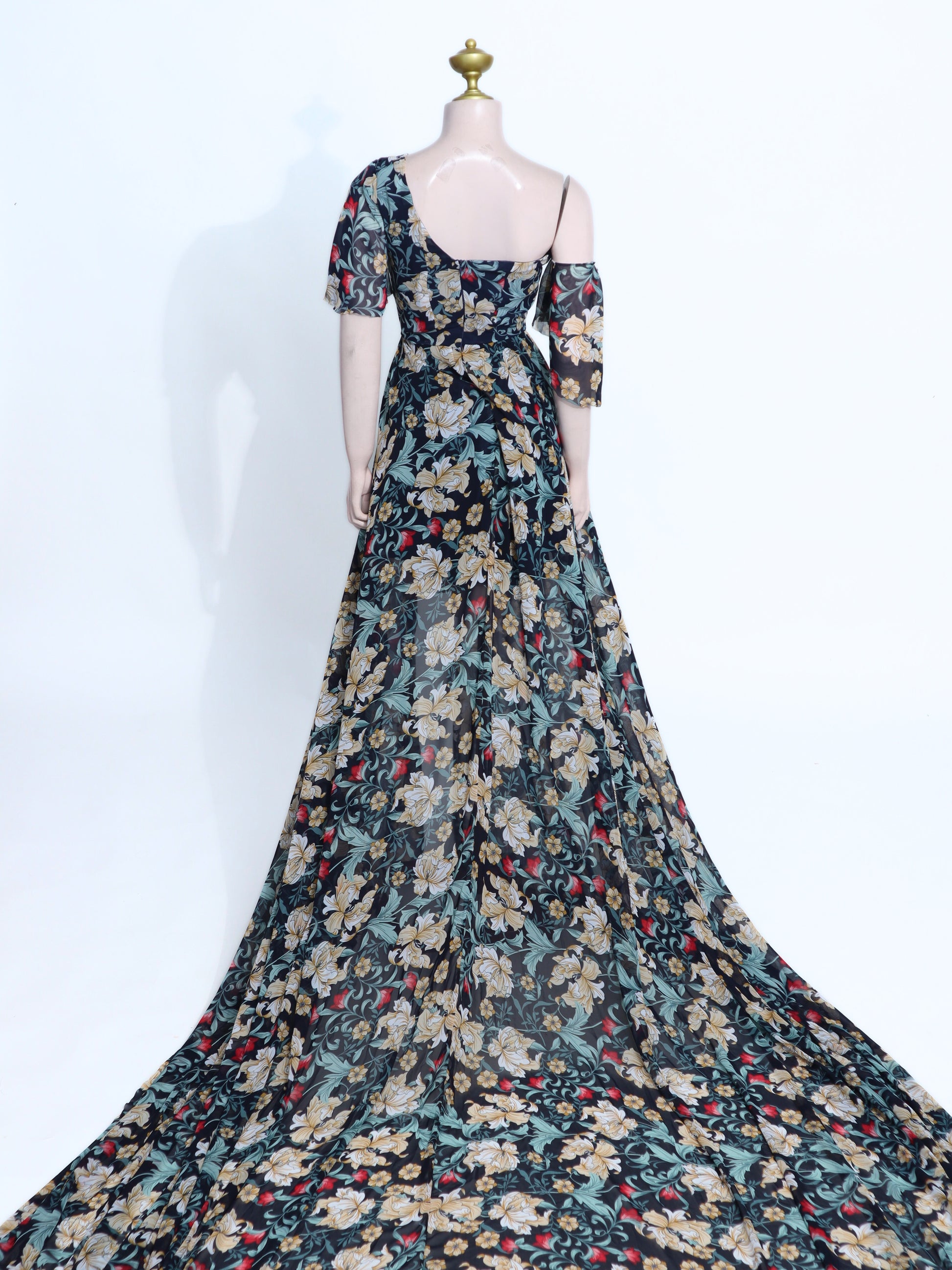 Bohemian Chiffon Print Slit Maxi Dress | Off-Shoulder One-Sleeve Zipper Back - X02