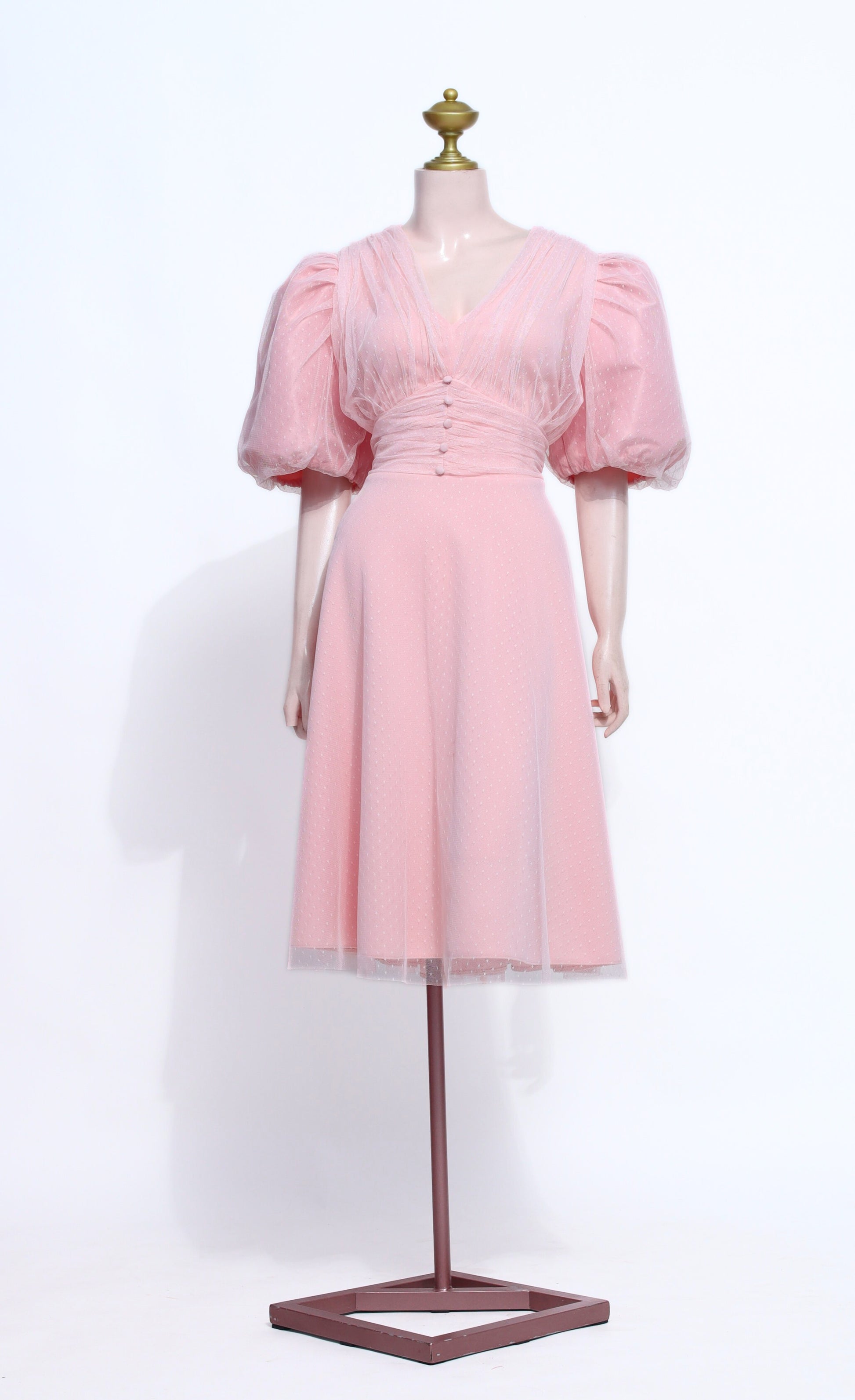 Peach Tulle Puff Sleeve Midi Dress | Shirred V-Neck Babydoll Dress - SP13