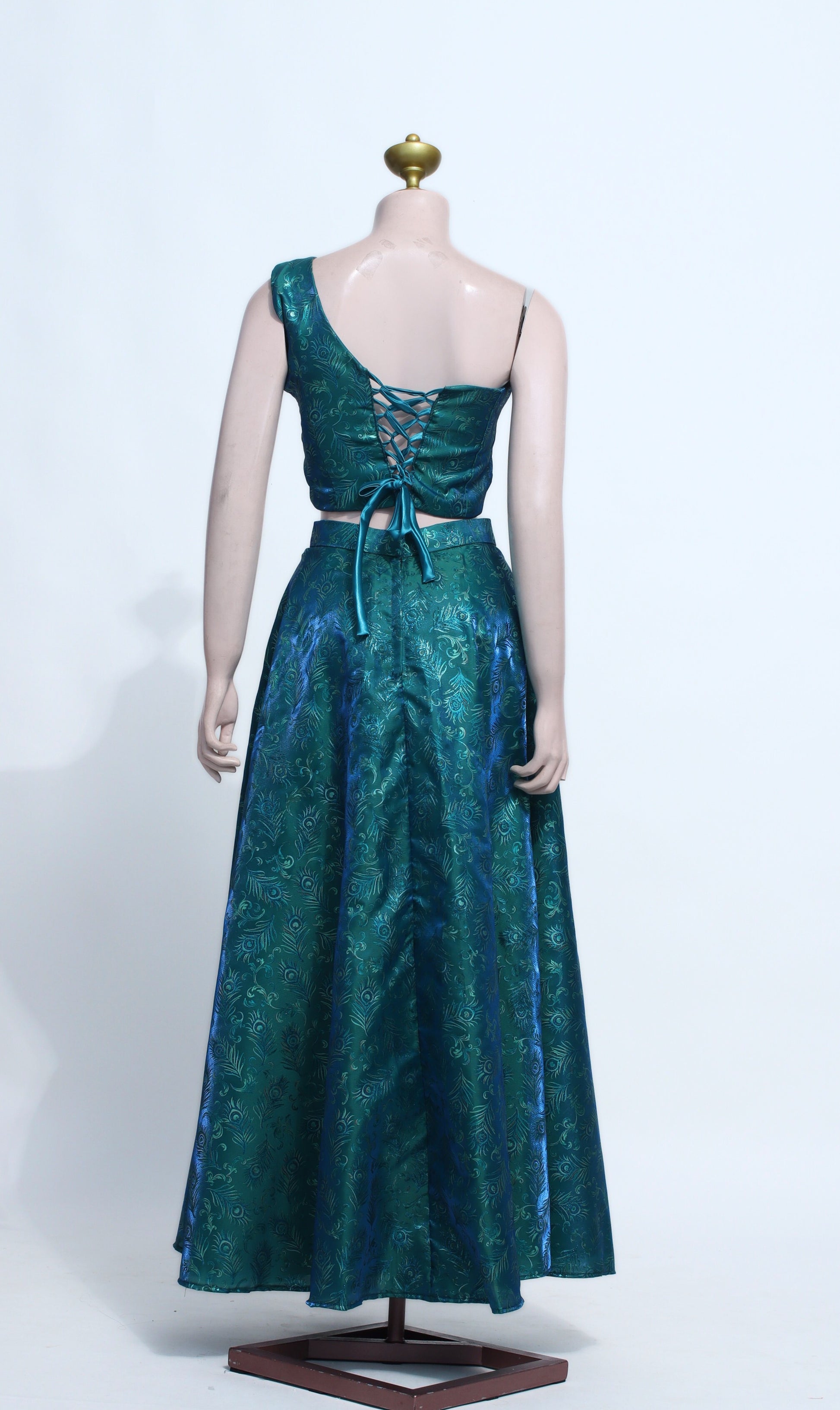 Emerald Green Peacock Print Set | Corset Back Crop Top, Skirt, & Gold Lace Shawl - G03