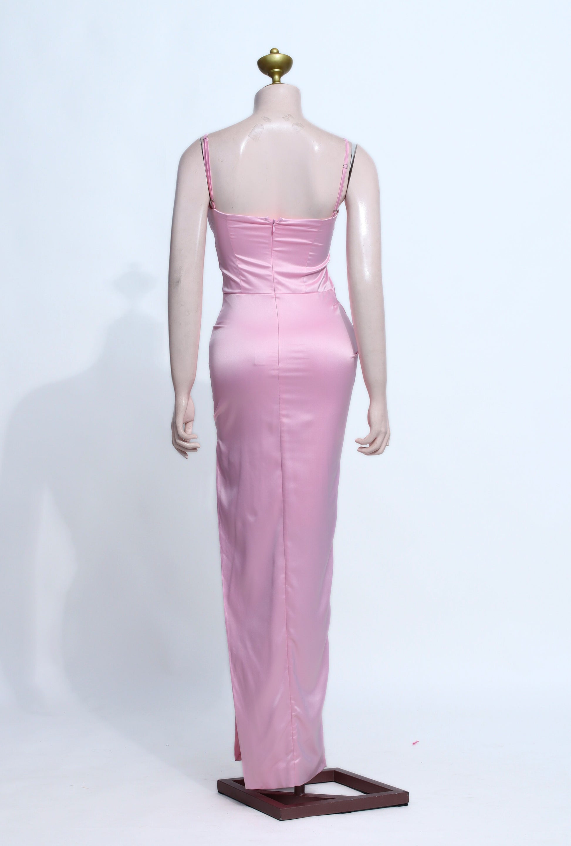 Elegant Slip Dress: Pink Satin Bust Dress with Side Slit & Zipper - P06