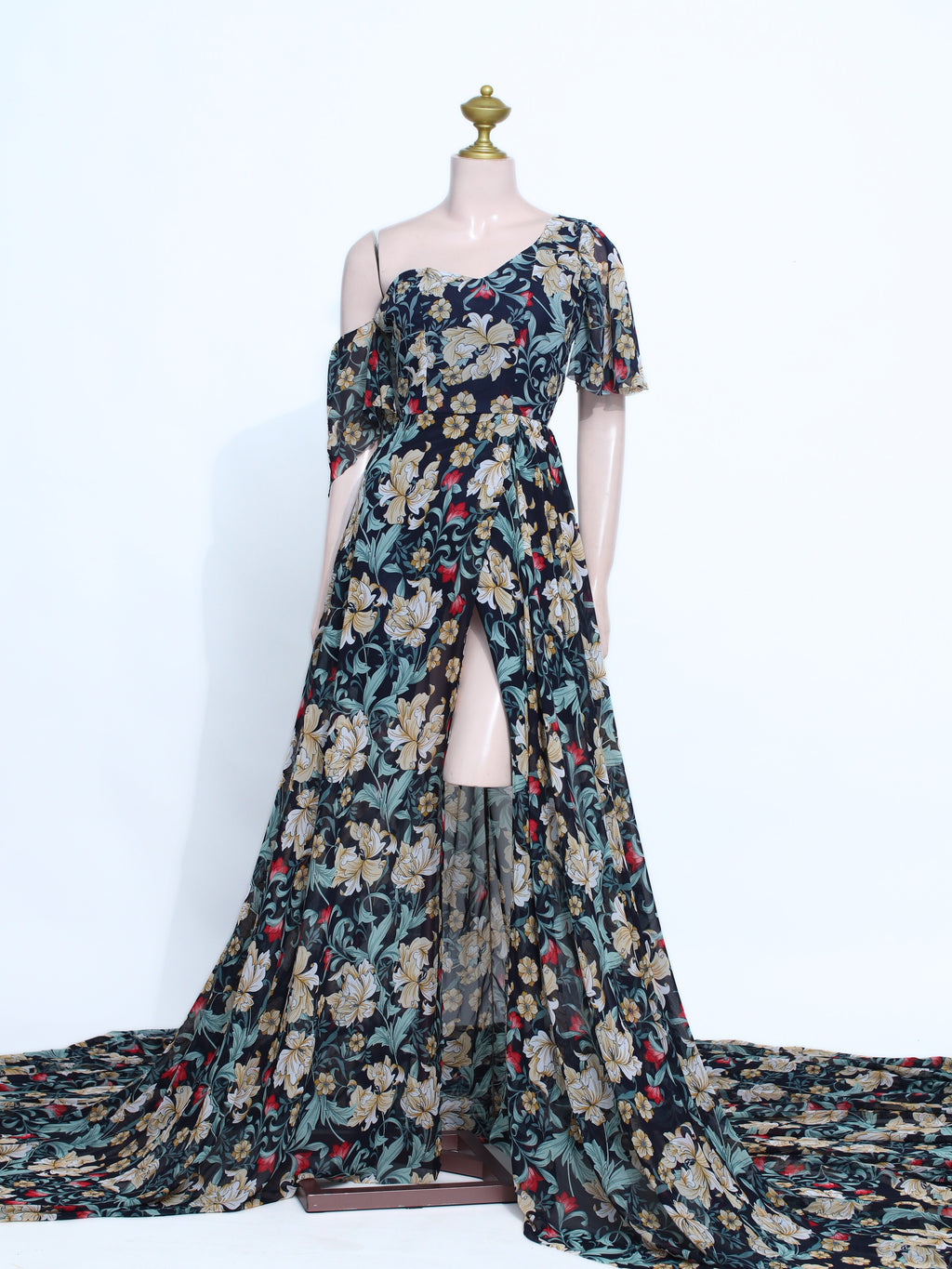 Bohemian Chiffon Print Slit Maxi Dress | Off-Shoulder One-Sleeve Zipper Back - X02