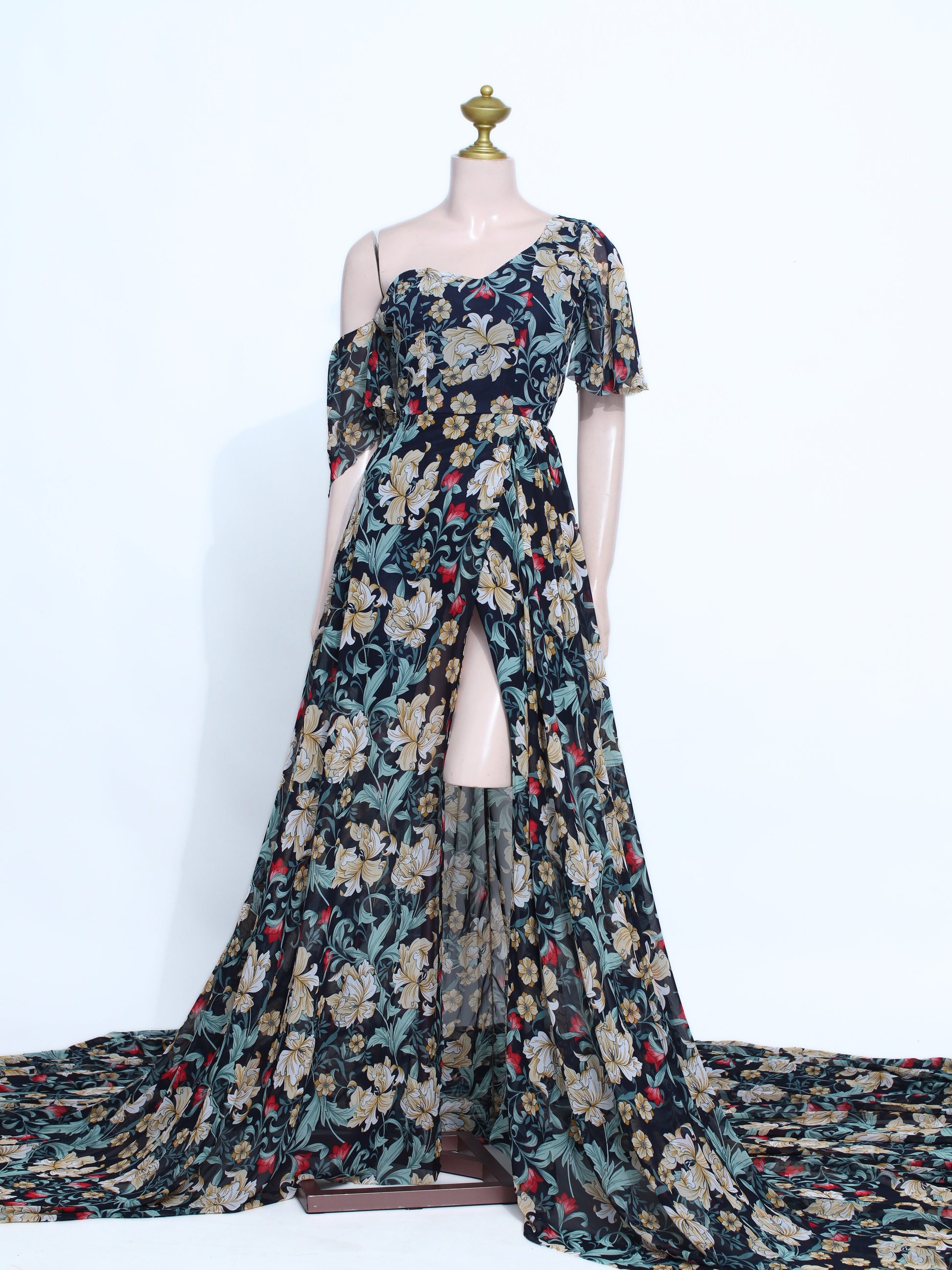 Bohemian Chiffon Print Slit Maxi Dress | Off-Shoulder One-Sleeve Zipper Back - X02