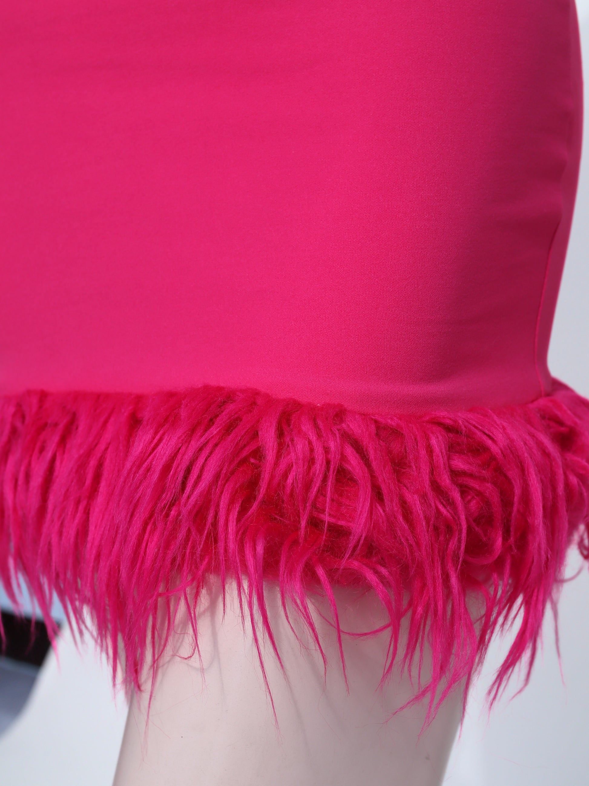 Fuchsia Asymmetric Strap Bodycon Short Dress with Feather Hem - SF05