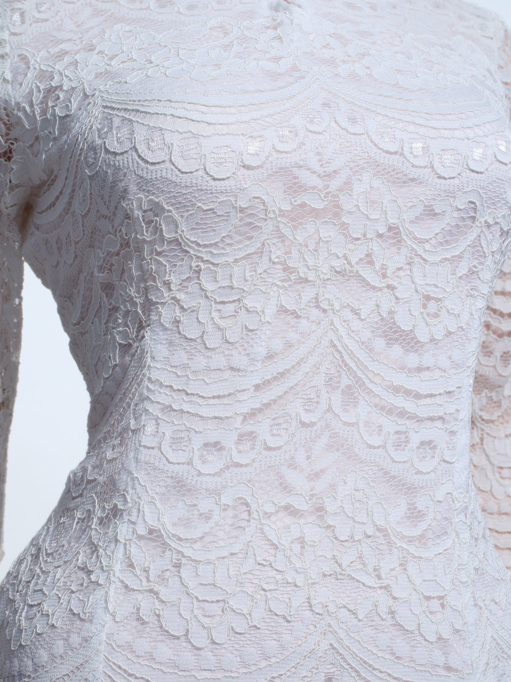 White Bodycon Mermaid Lace Gown | Fitted Long Sleeve Tie Bust Zipper Back - SW20