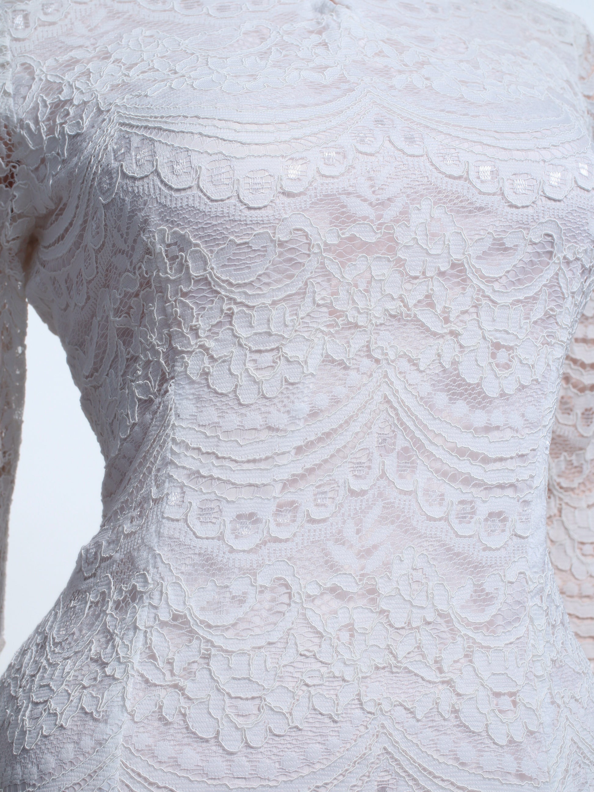 White Bodycon Mermaid Lace Gown | Fitted Long Sleeve Tie Bust Zipper Back - SW20