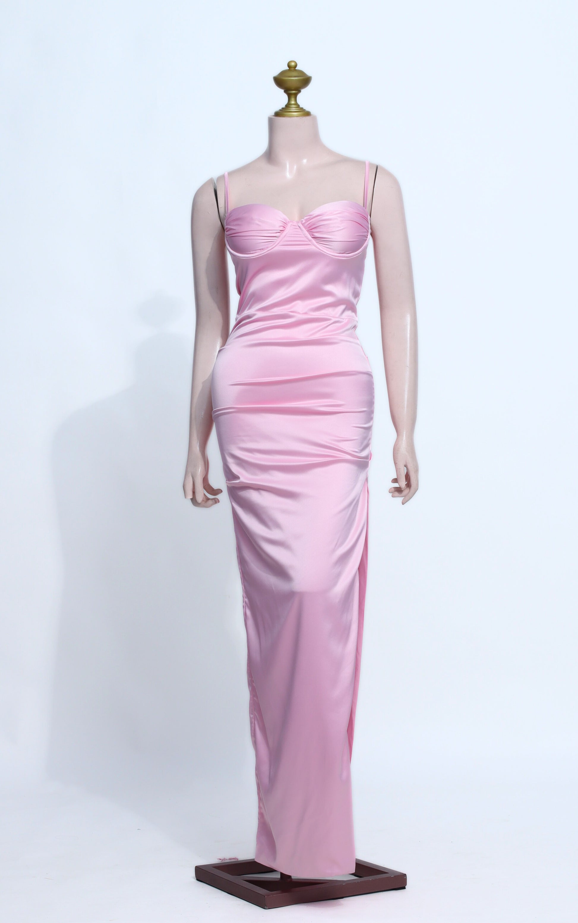Elegant Slip Dress: Pink Satin Bust Dress with Side Slit & Zipper - P06
