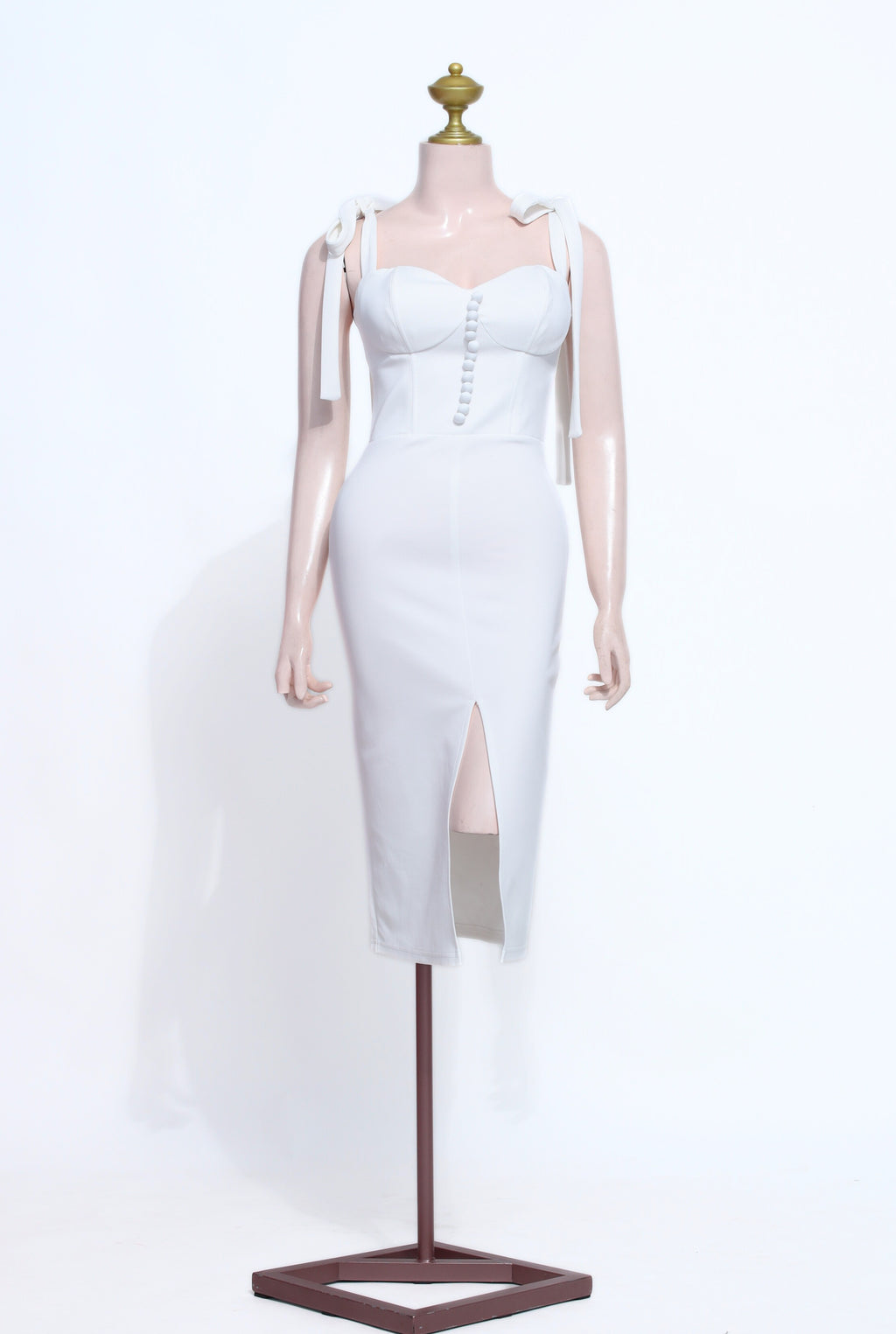 White Bodycon Midi Dress | Shoulder Tie Detail Front Slit Zipper Back - SW13