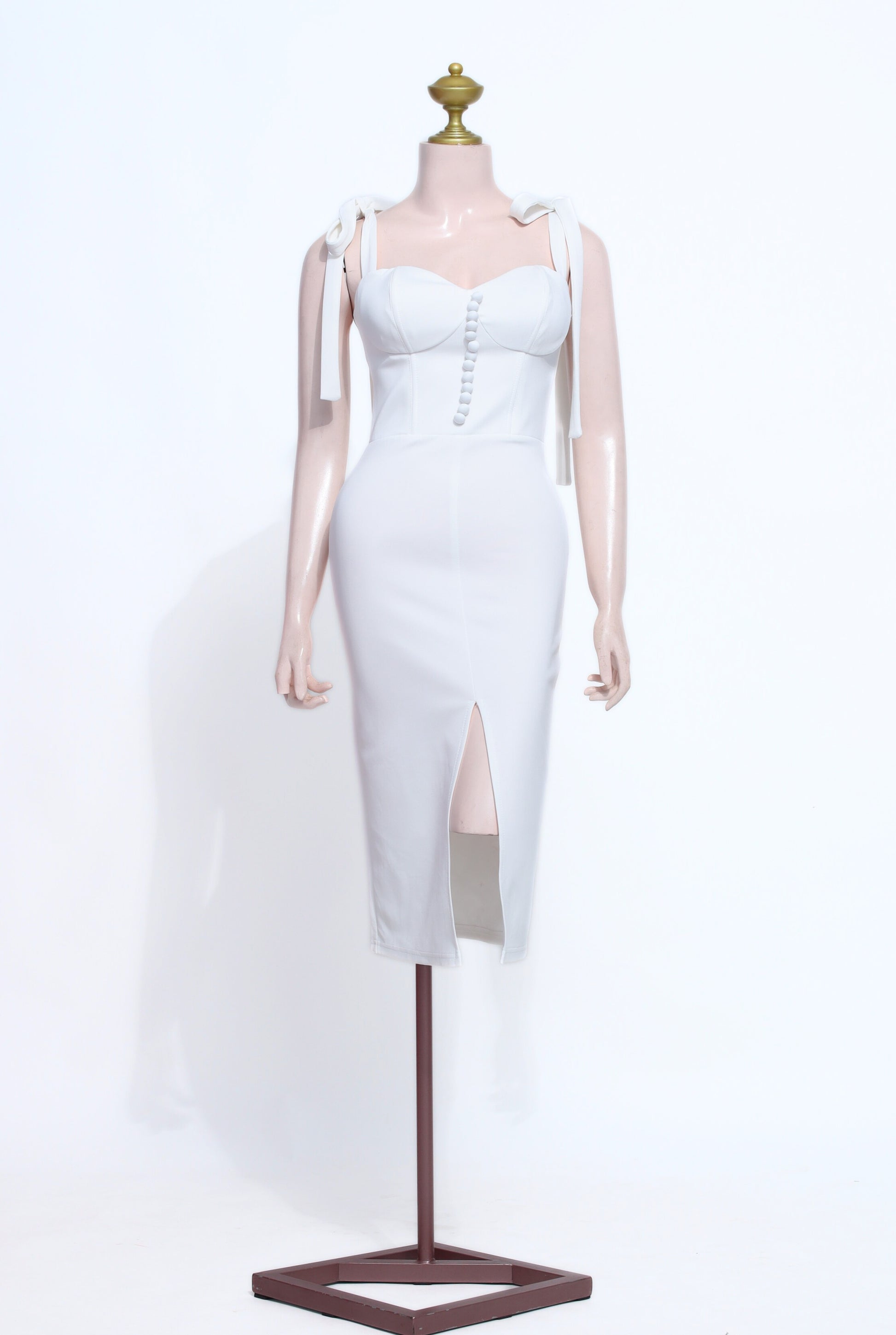 White Bodycon Midi Dress | Shoulder Tie Detail Front Slit Zipper Back - SW13