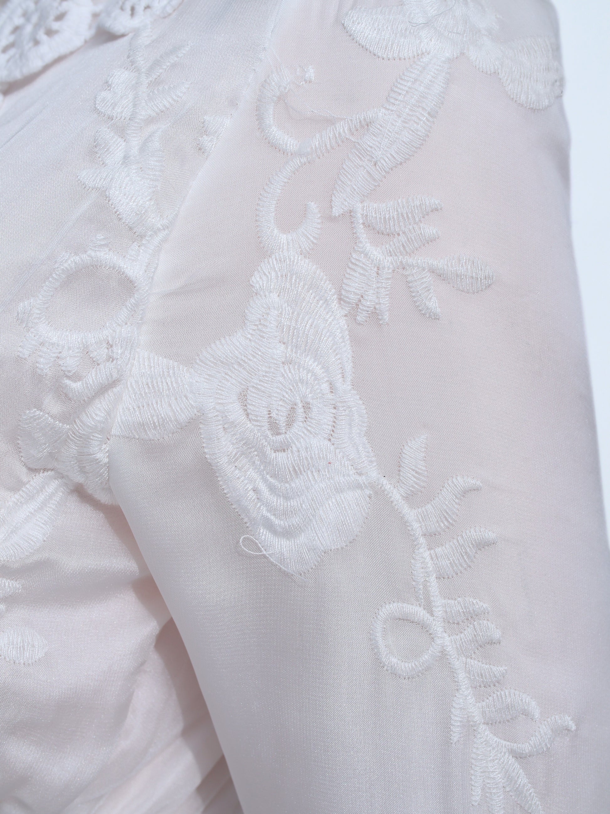 White Flowy Chiffon Midi Dress | Long Sleeve V-Neck Embroidered Lace - W30