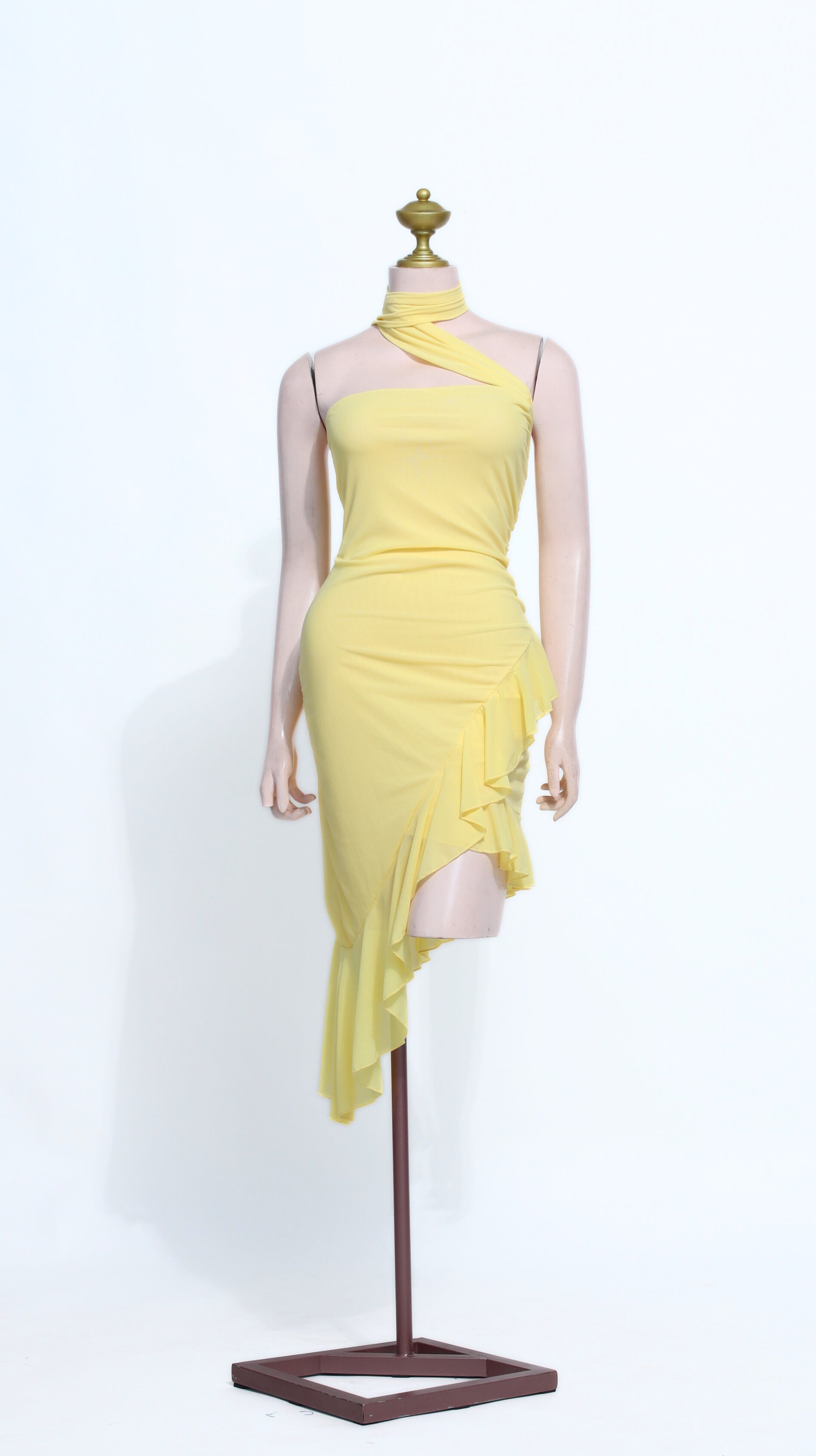 Asymmetrical One-Shoulder Ruffle Midi Dress | Yellow Spandex Bodycon - SY04