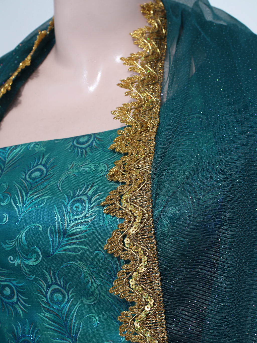 Emerald Green Peacock Print Set | Corset Back Crop Top, Skirt, & Gold Lace Shawl - G03