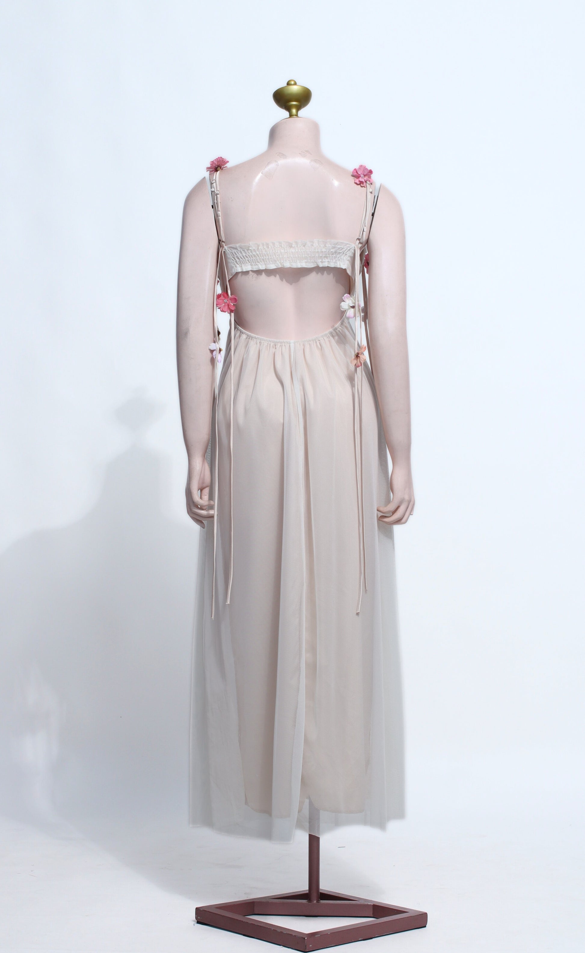 Fairycore Nude Floral Maxi Dress | Chiffon Open Back Babydoll Style - SNU07