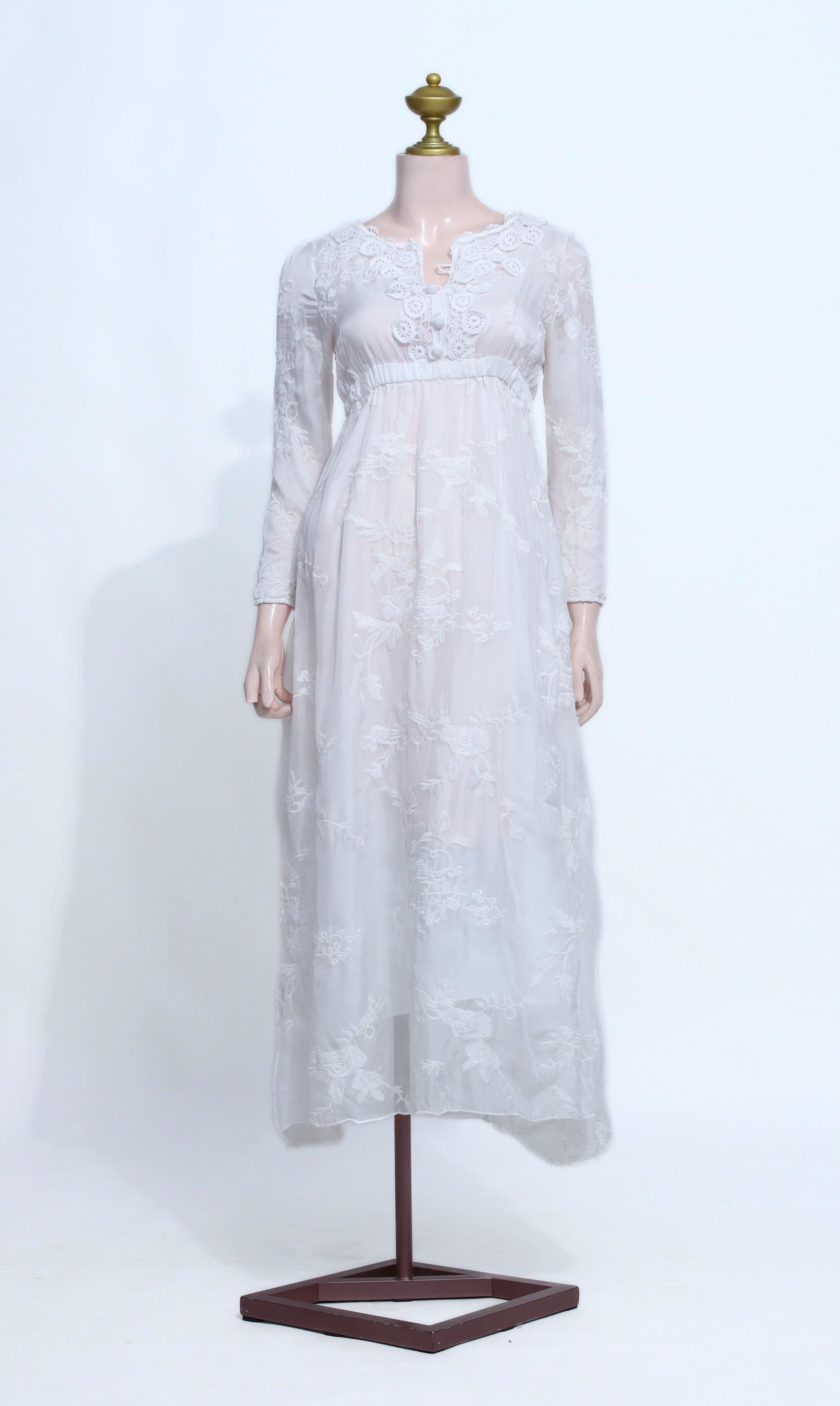 White Flowy Chiffon Midi Dress | Long Sleeve V-Neck Embroidered Lace - W30