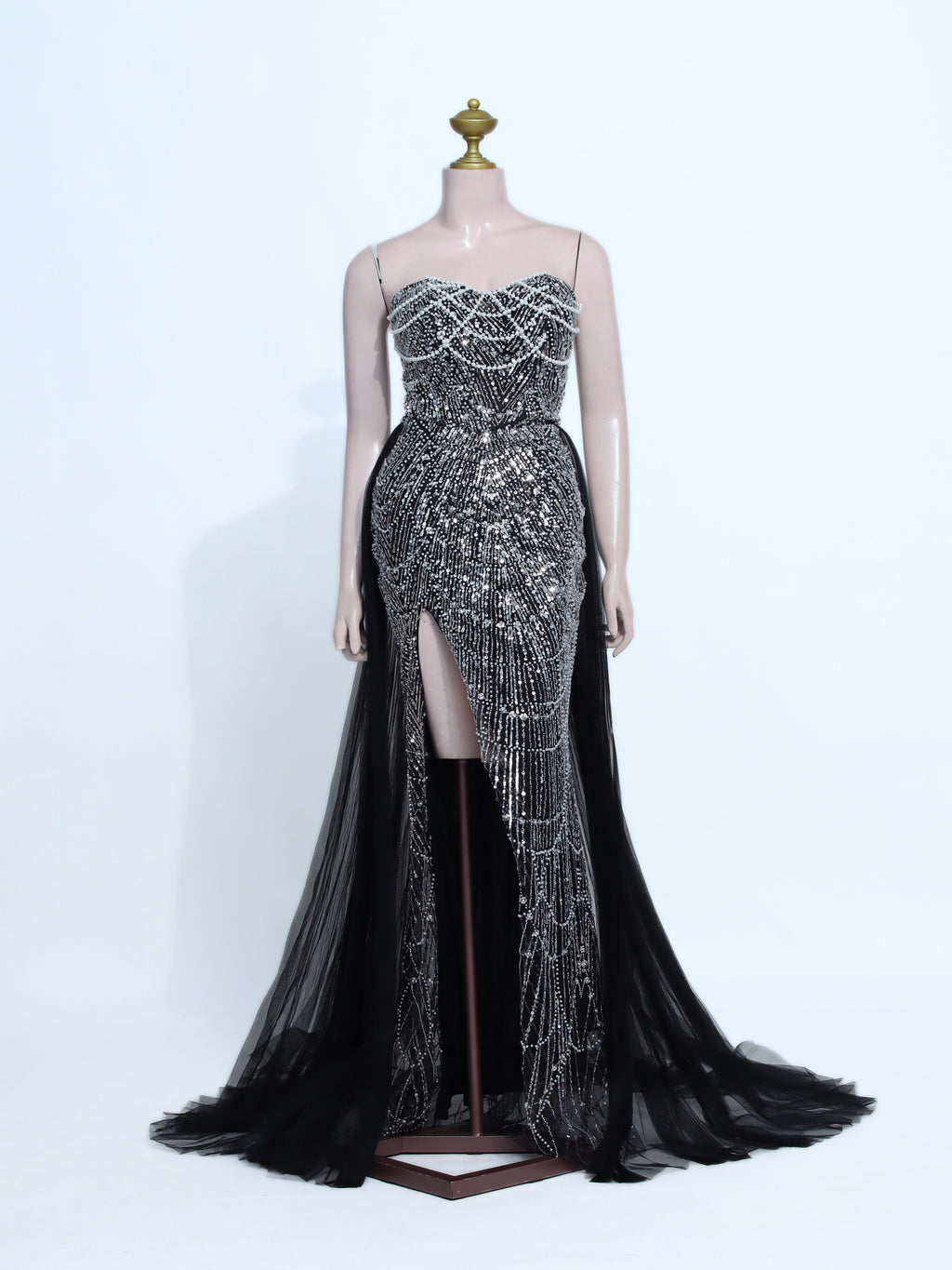 Beaded Black Tulle Slit Gown - B26