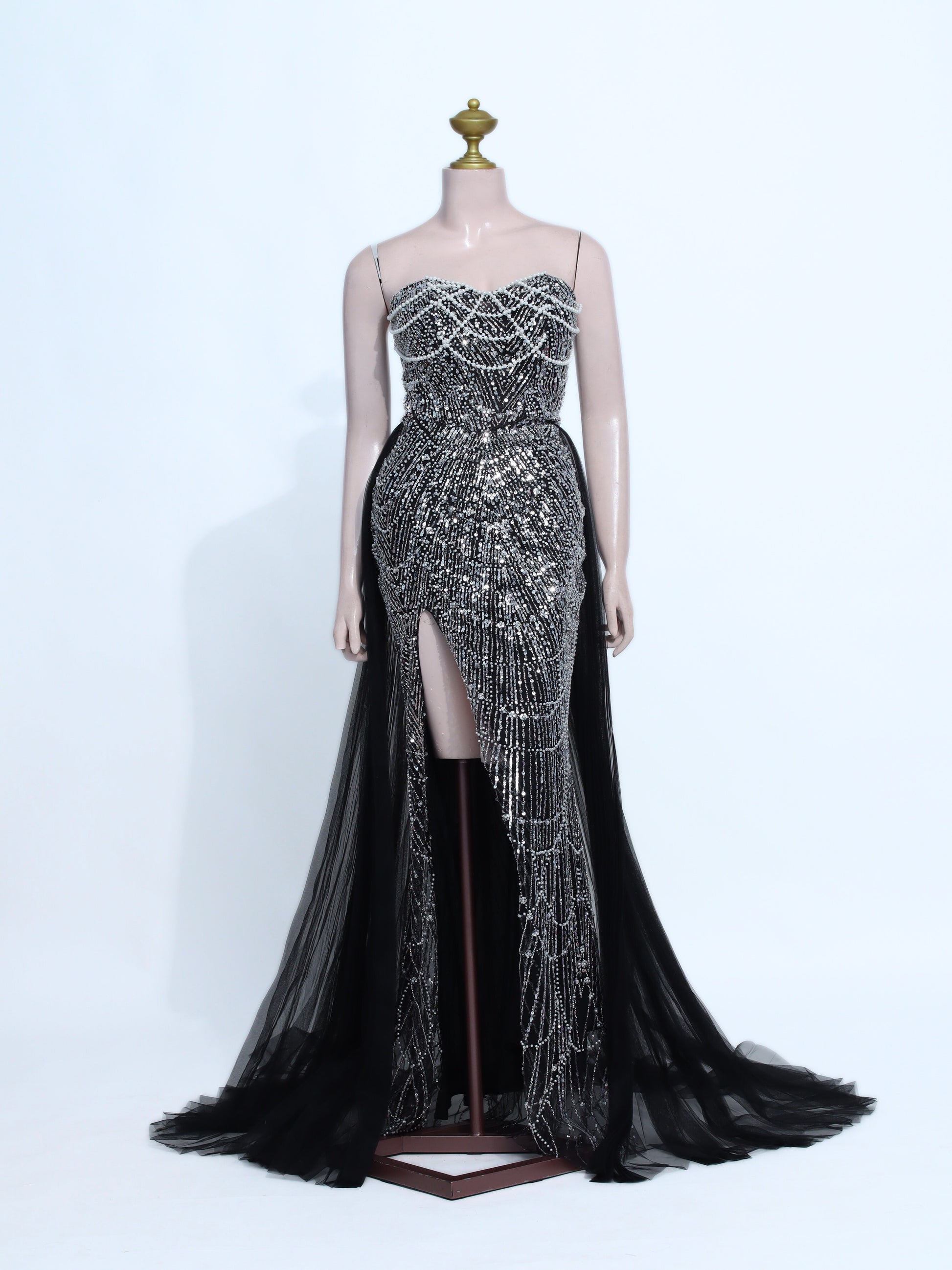 Beaded Black Tulle Slit Gown - B26
