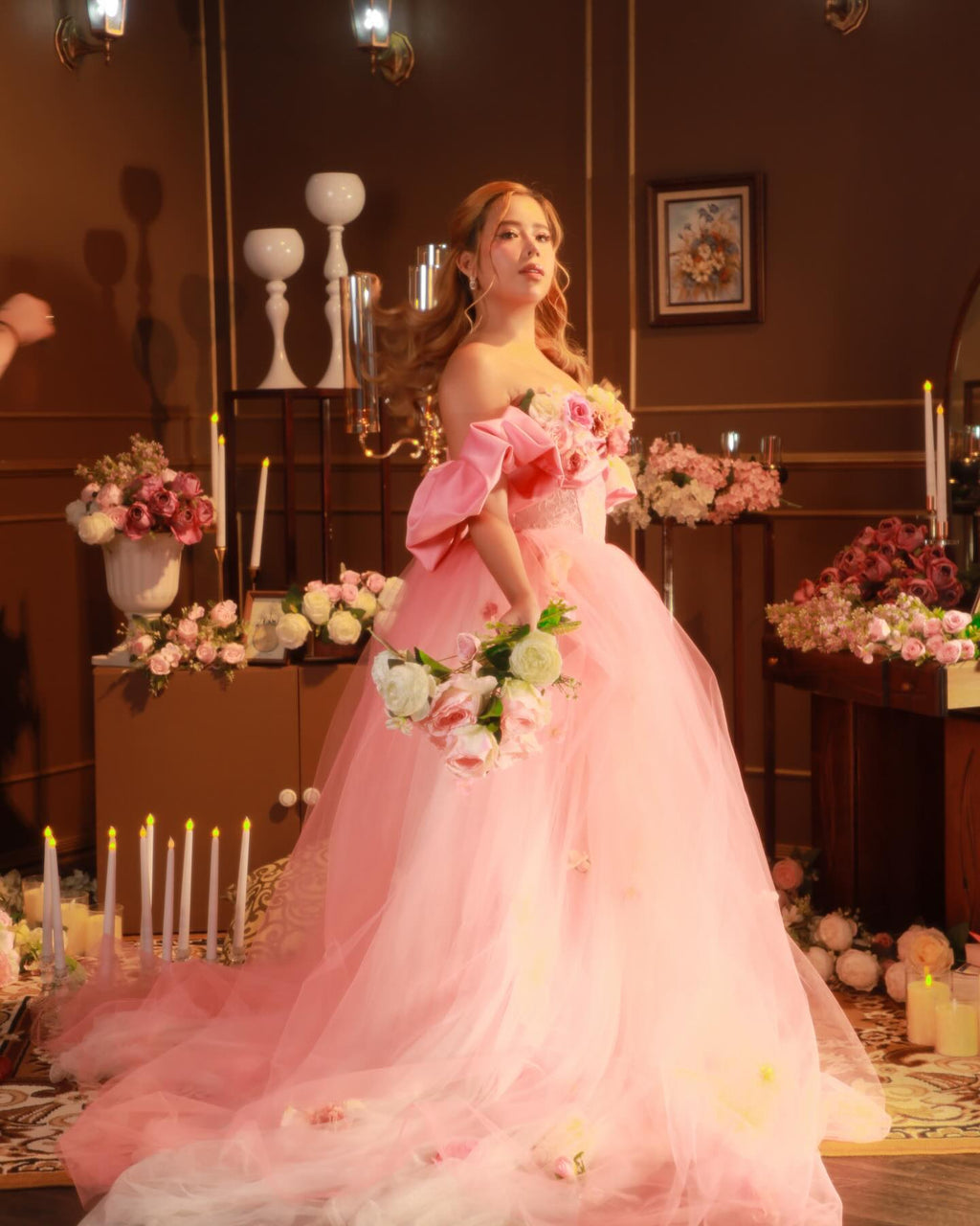 Salmon Pink Satin Corset Gown | Lace and Tulle Ballgown Maxi Dress - P02