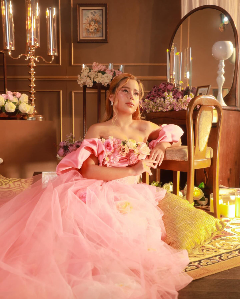 Salmon Pink Satin Corset Gown | Lace and Tulle Ballgown Maxi Dress - P02